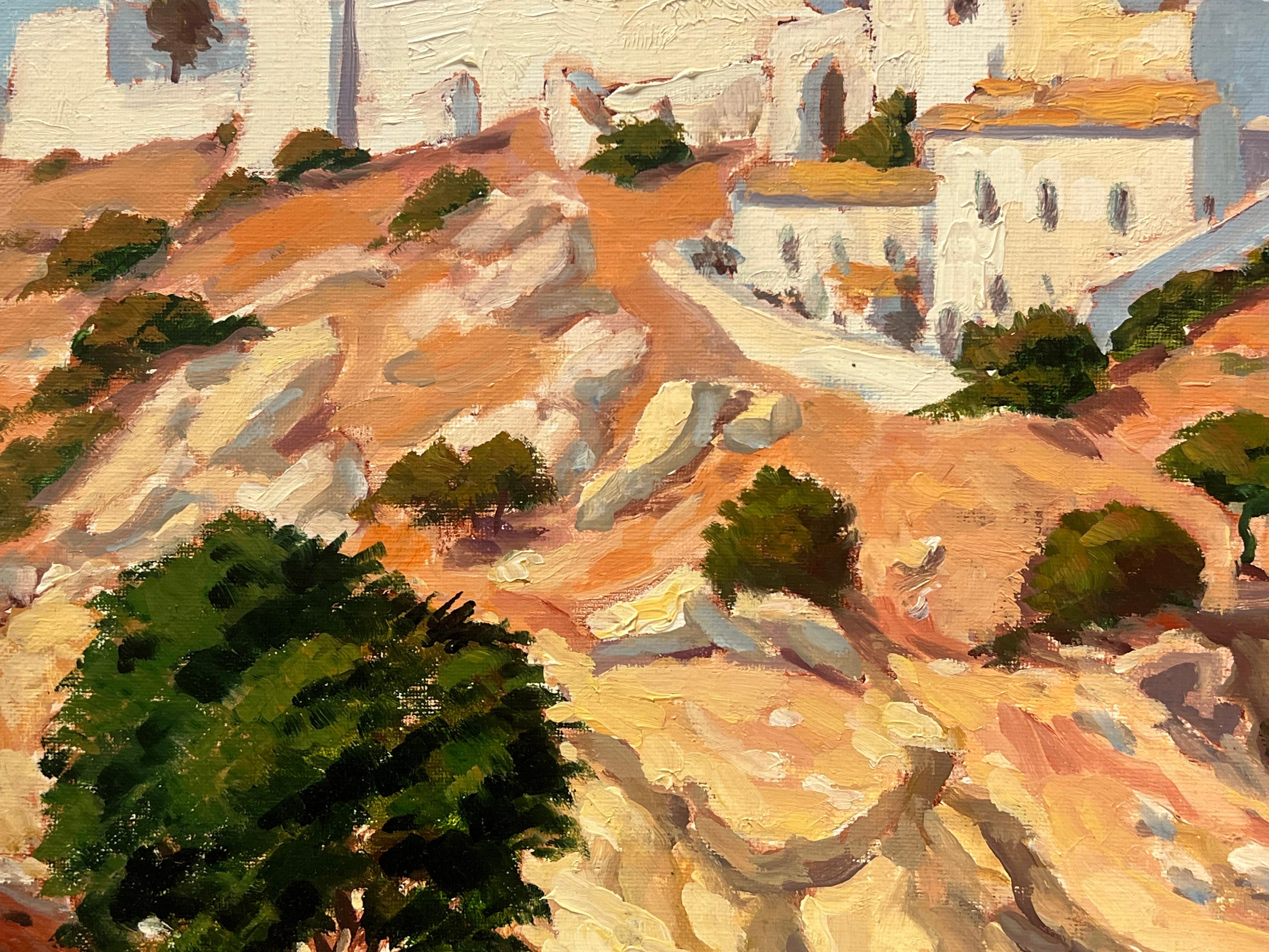 Pintura al óleo francesa postimpresionista Cima de una colina española Antiguo pueblo Med - Landscape Painting Marrón de Georges Bordonove