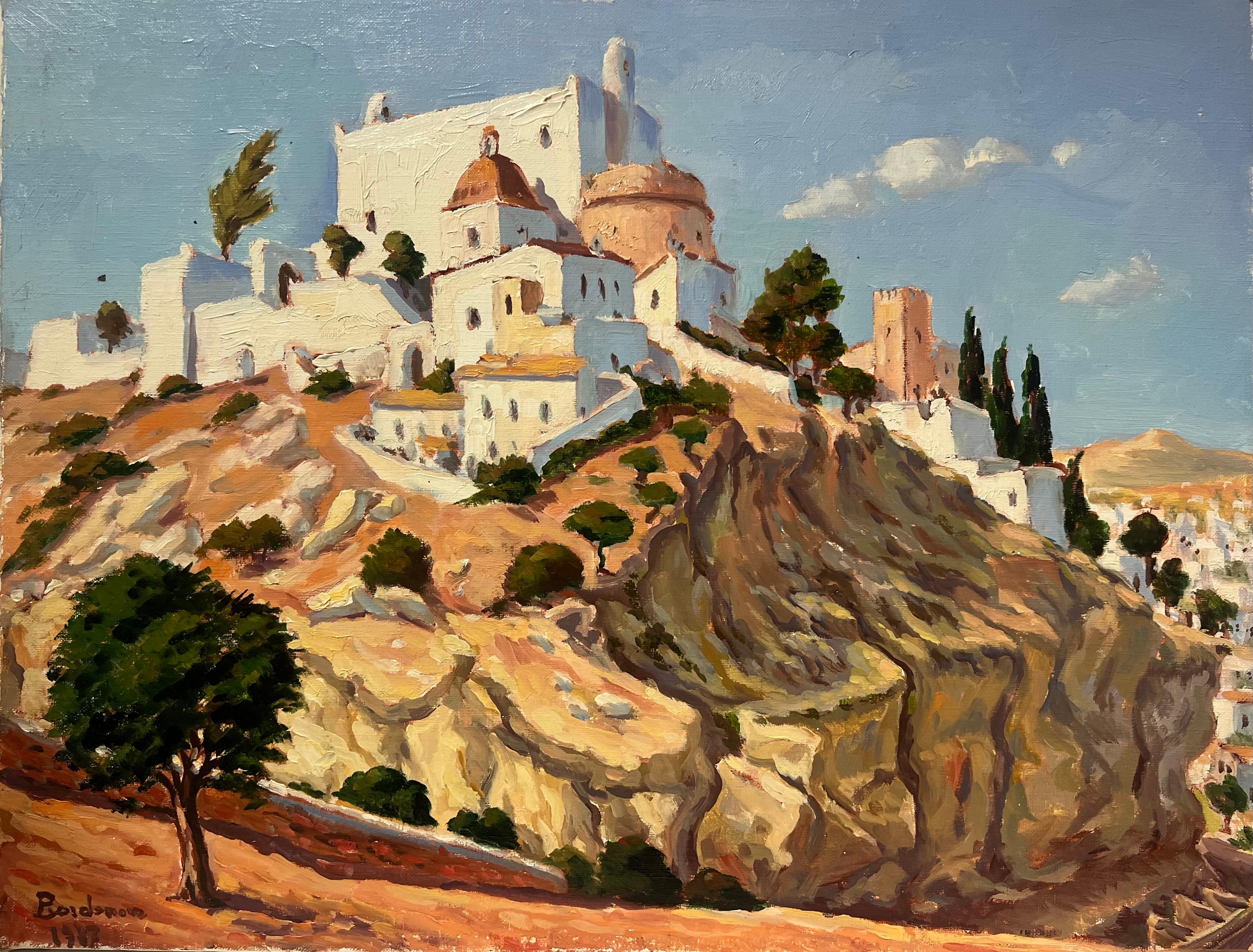 Landscape Painting de Georges Bordonove - Pintura al óleo francesa postimpresionista Cima de una colina española Antiguo pueblo Med