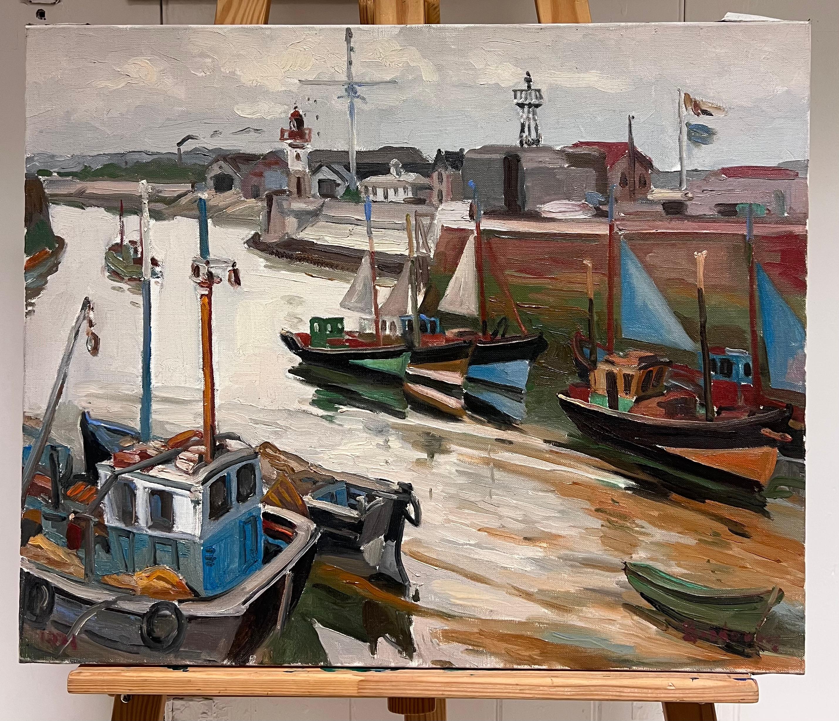 Honfleur Hafen-Fischboote, Lazy Day, Französisches impressionistisches Ölgemälde – Painting von Georges Bordonove