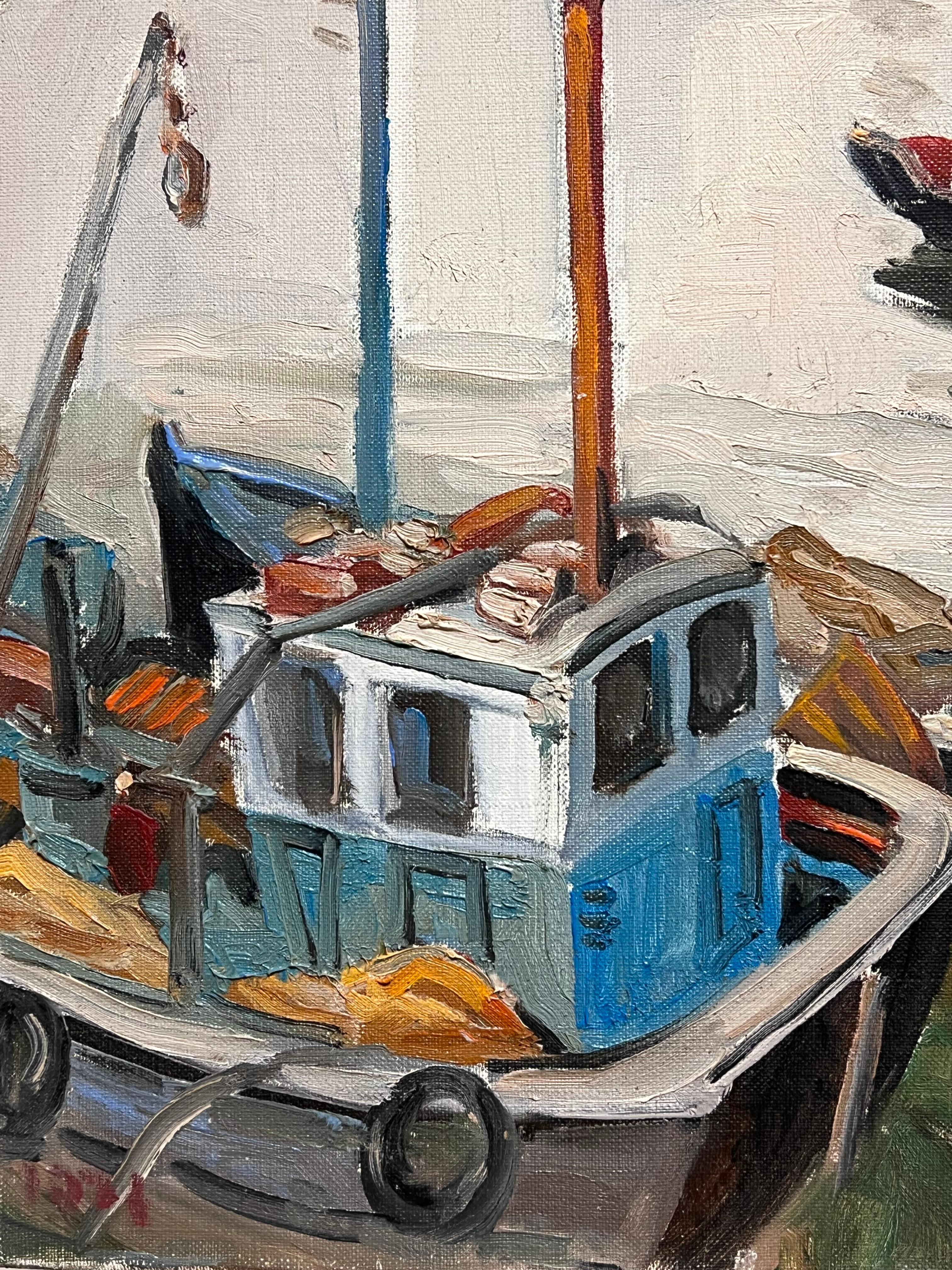 Honfleur Hafen-Fischboote, Lazy Day, Französisches impressionistisches Ölgemälde (Braun), Landscape Painting, von Georges Bordonove