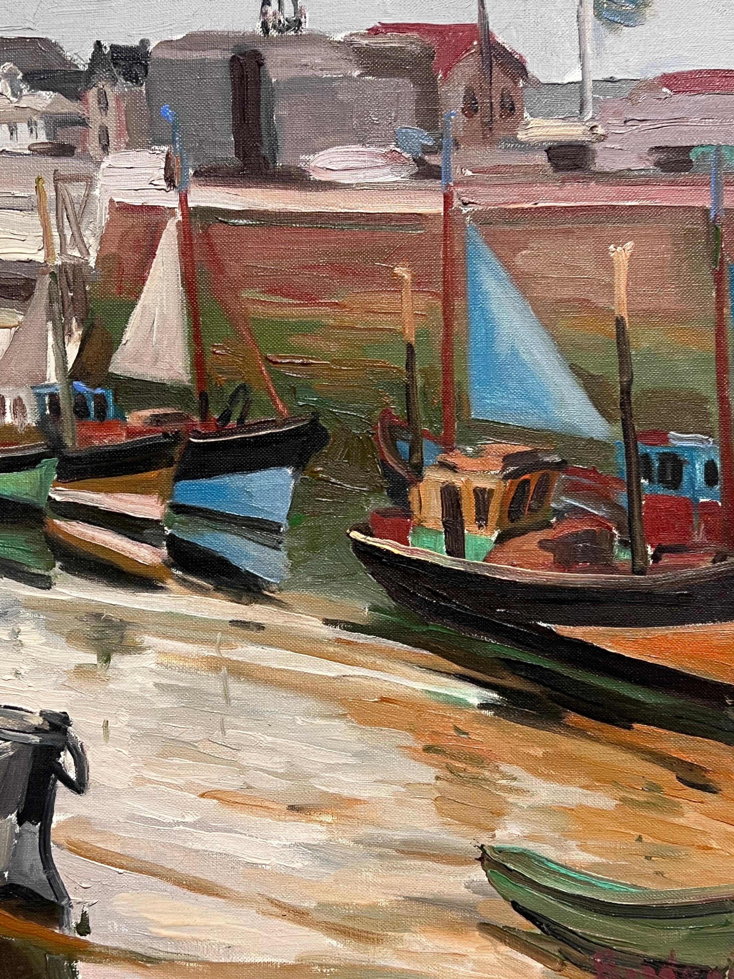 Honfleur Hafen-Fischboote, Lazy Day, Französisches impressionistisches Ölgemälde im Angebot 1