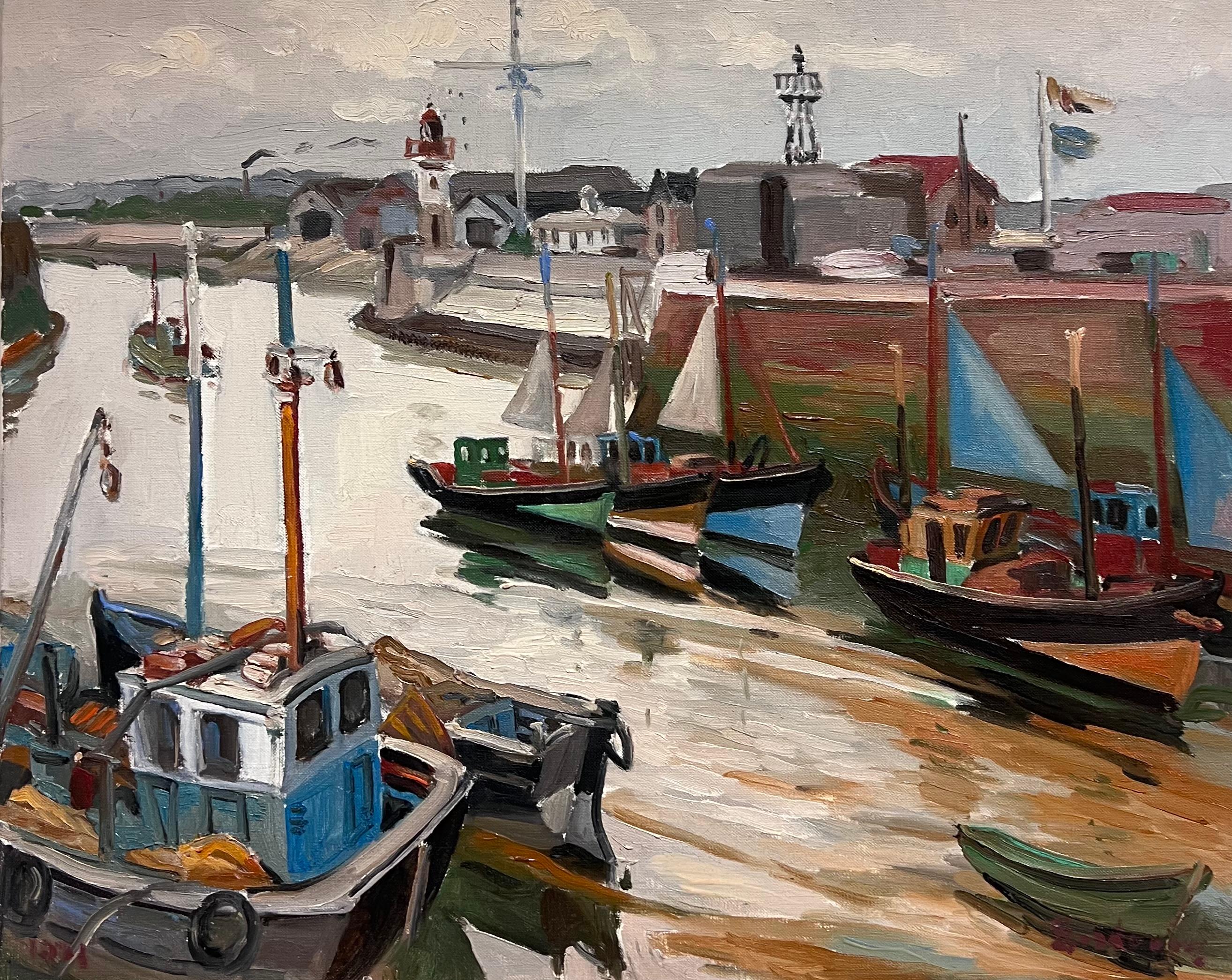 Honfleur Harbor Fishing Boats Lazy Day peinture à l'huile impressionniste française