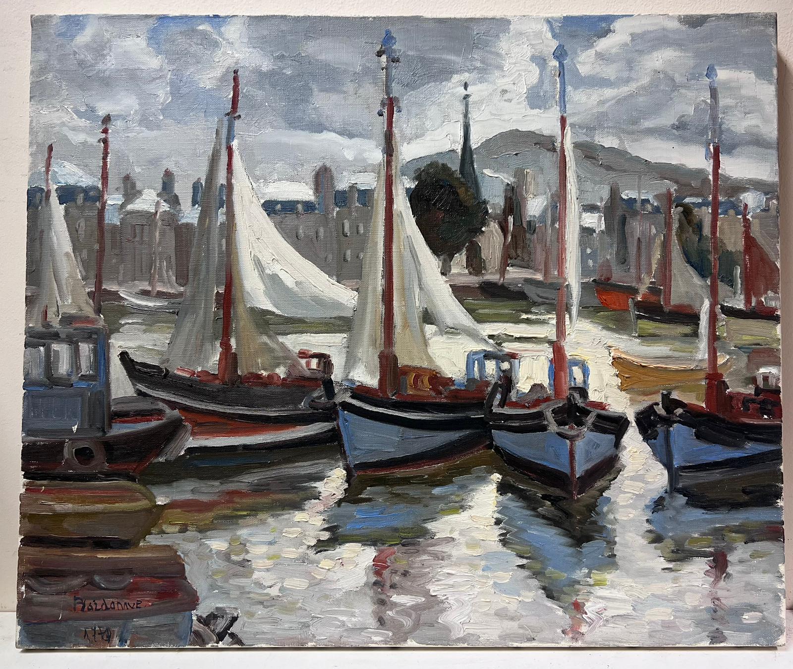 Honfleur Harbor with Boats 1970's French Impressionist Signed & dated Oil  For Sale 1
