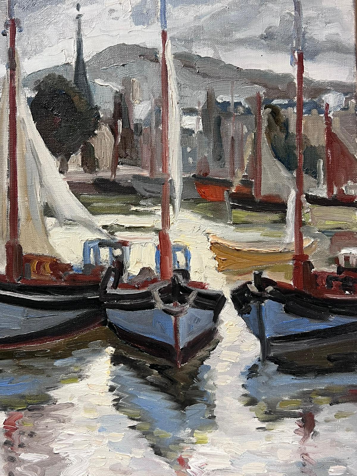 Honfleur Harbor with Boats 1970's French Impressionist Signed & dated Oil  For Sale 2