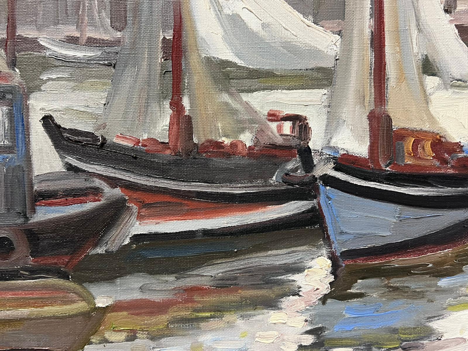 Honfleur Harbor with Boats 1970's French Impressionist Signed & dated Oil  For Sale 4