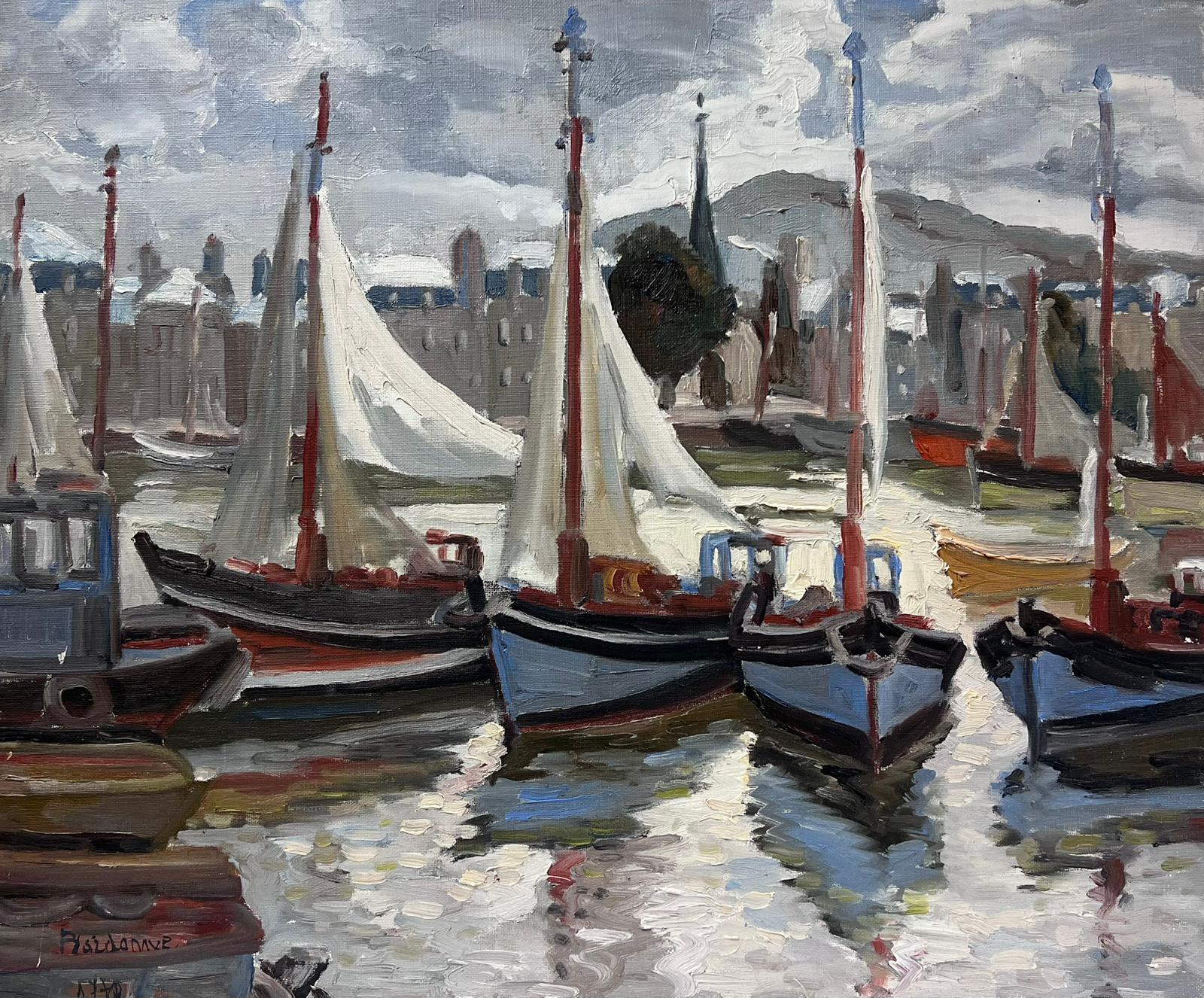 Honfleur Harbor with Boats 1970's French Impressionist Signed & dated Oil 