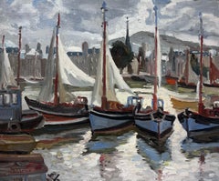 Retro Honfleur Harbor with Boats 1970's French Impressionist Signed & dated Oil 