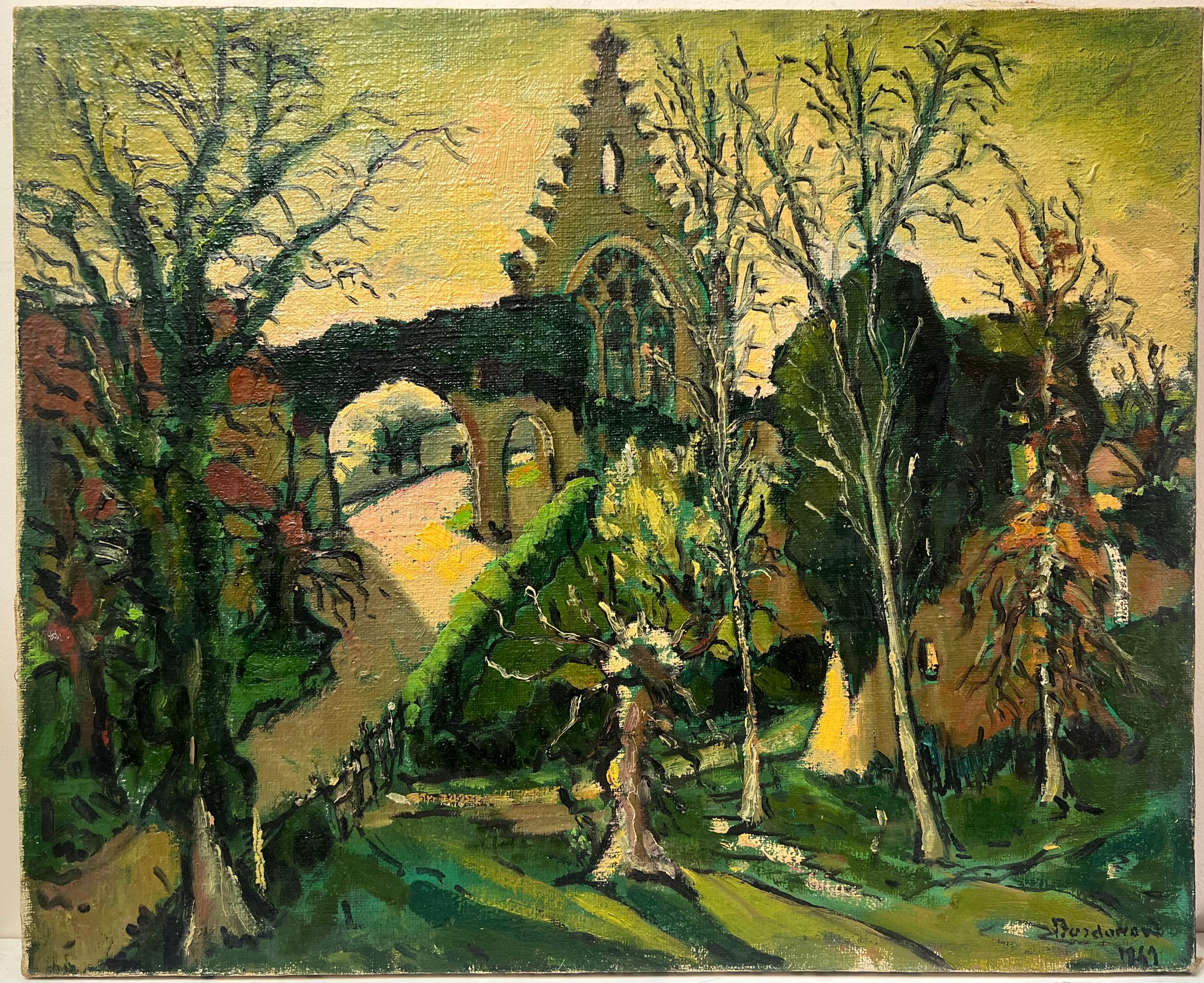Grande dipinto a olio francese degli anni '60 Vecchio villaggio francese con edifici antichi - Painting di Georges Bordonove