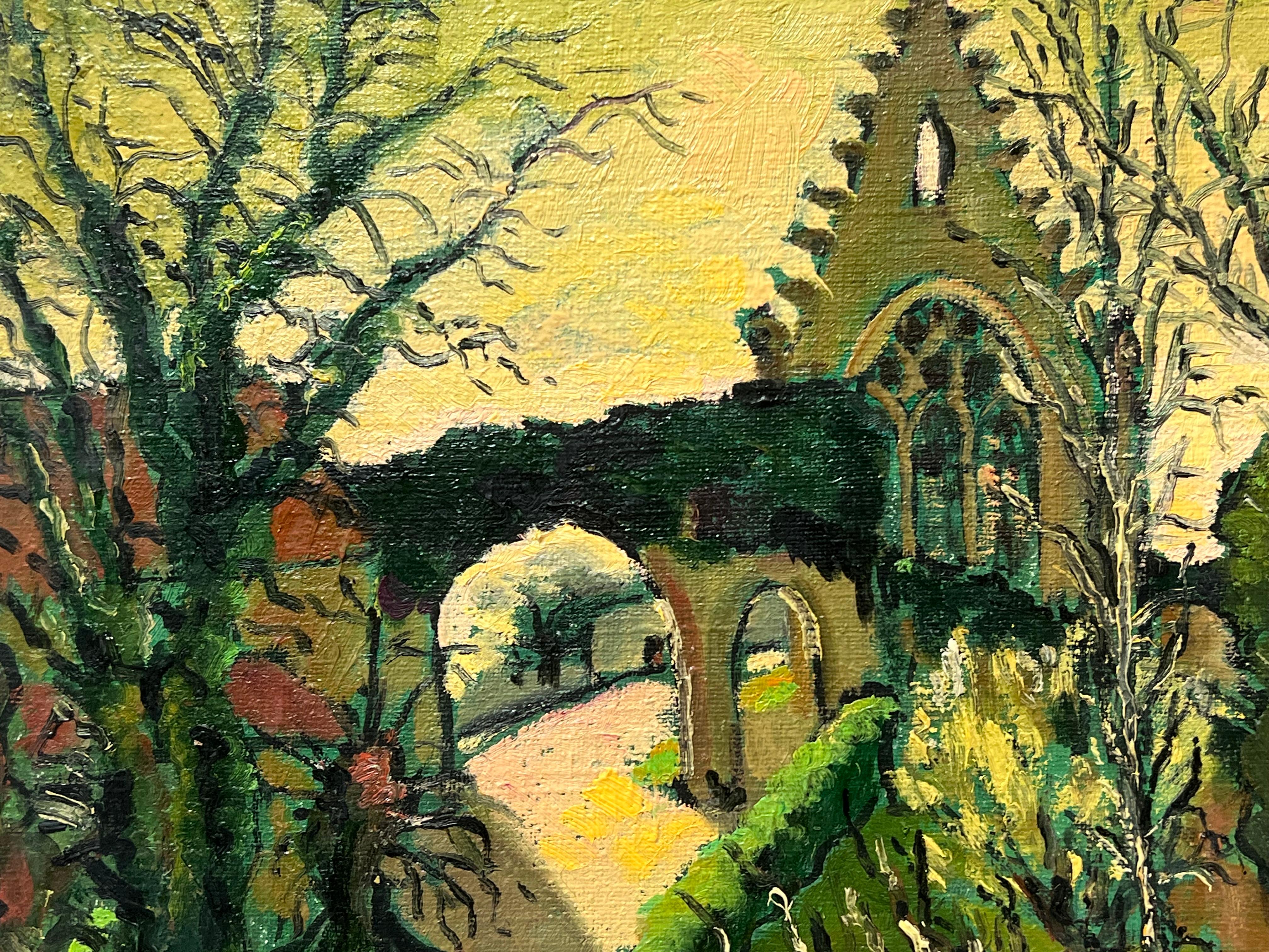 Grande dipinto a olio francese degli anni '60 Vecchio villaggio francese con edifici antichi - Painting Impressionismo di Georges Bordonove