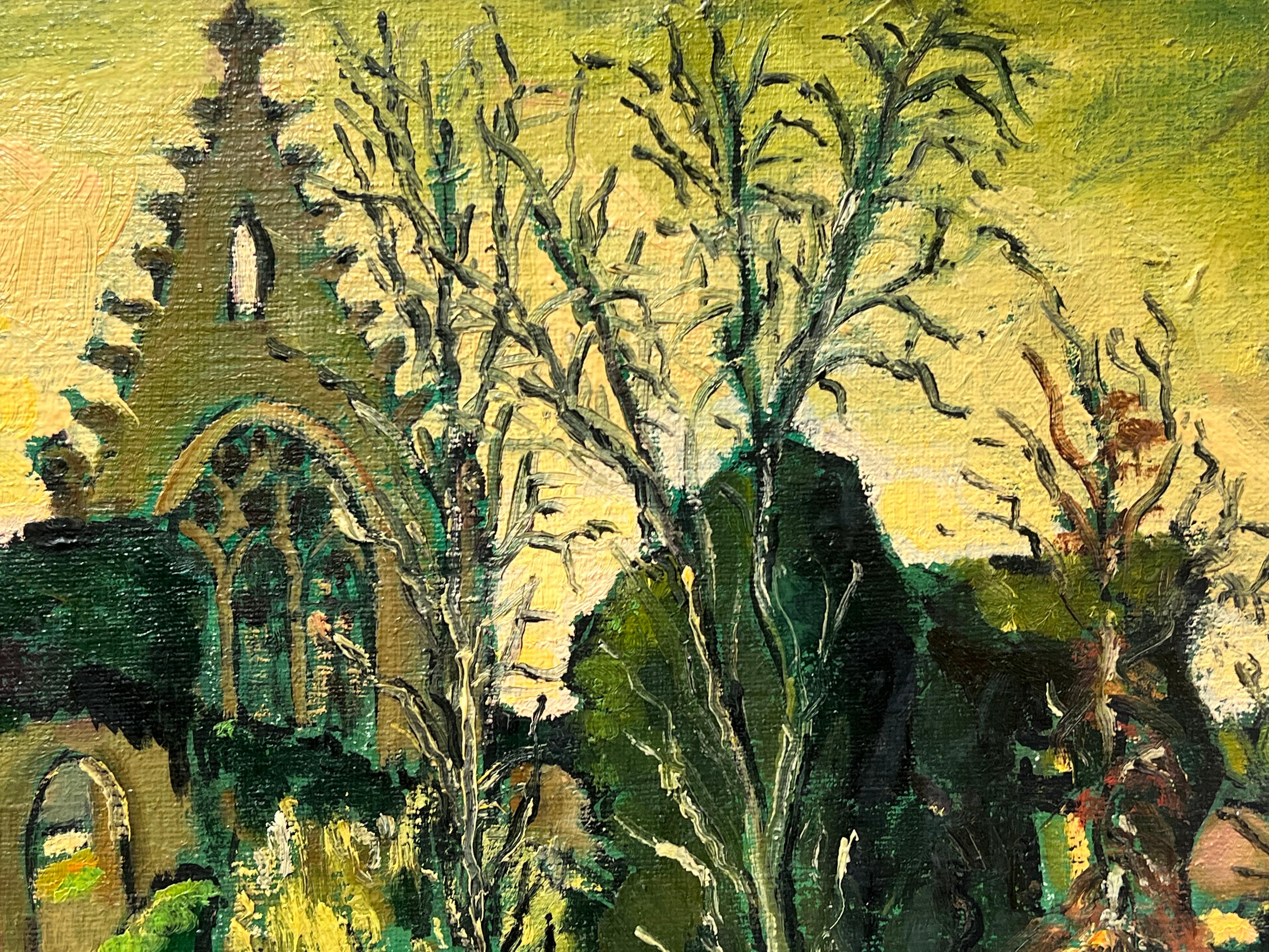 Grande dipinto a olio francese degli anni '60 Vecchio villaggio francese con edifici antichi - Landscape Painting Nero di Georges Bordonove