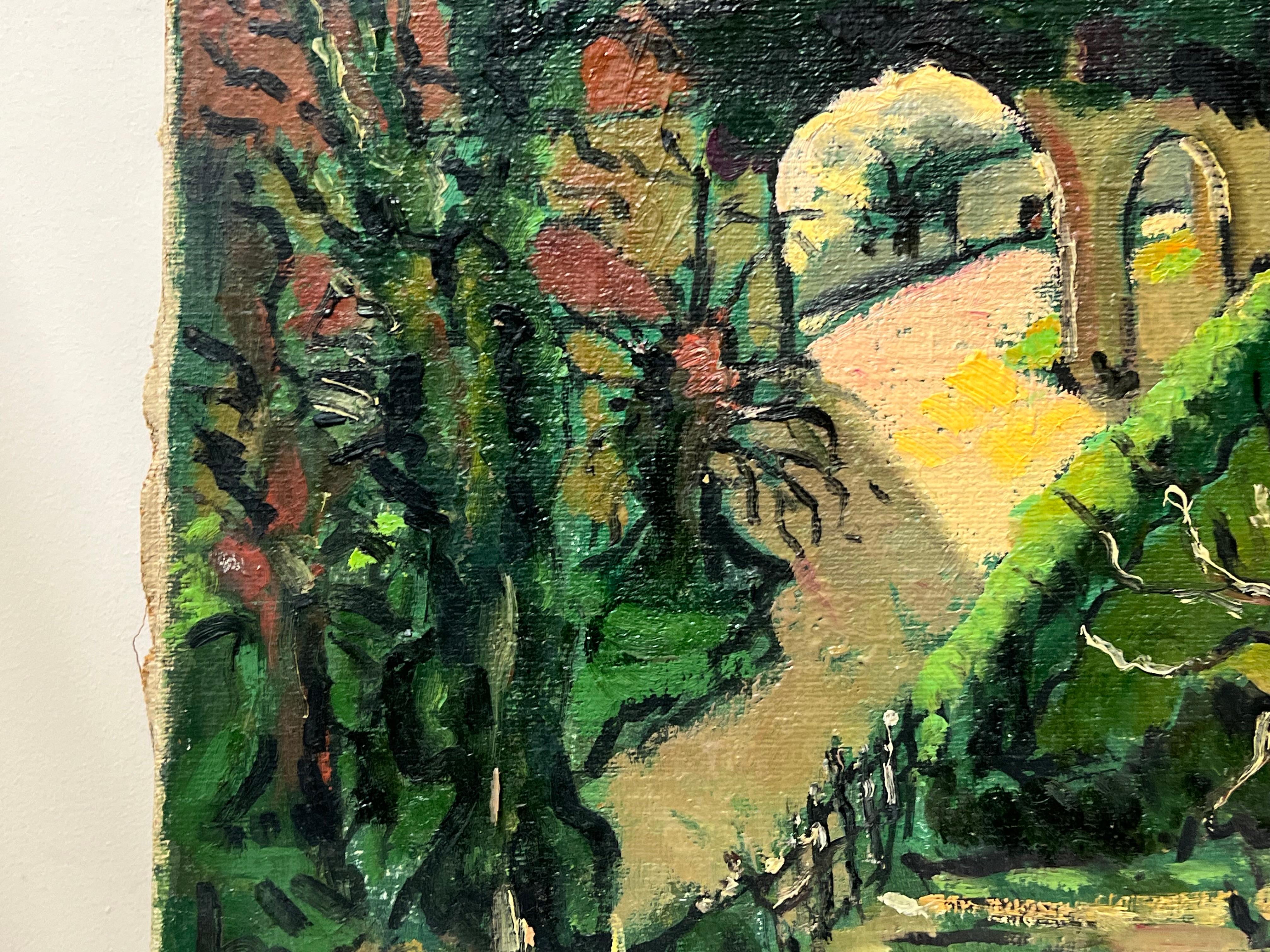Grande dipinto a olio francese degli anni '60 Vecchio villaggio francese con edifici antichi in vendita 4
