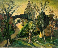 Large French 1960's Oil Painting Old French Village with Ancient Buildings