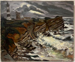 Large French 1970's Impressionist Oil Painting Crashing Waves Lighthouse Coast