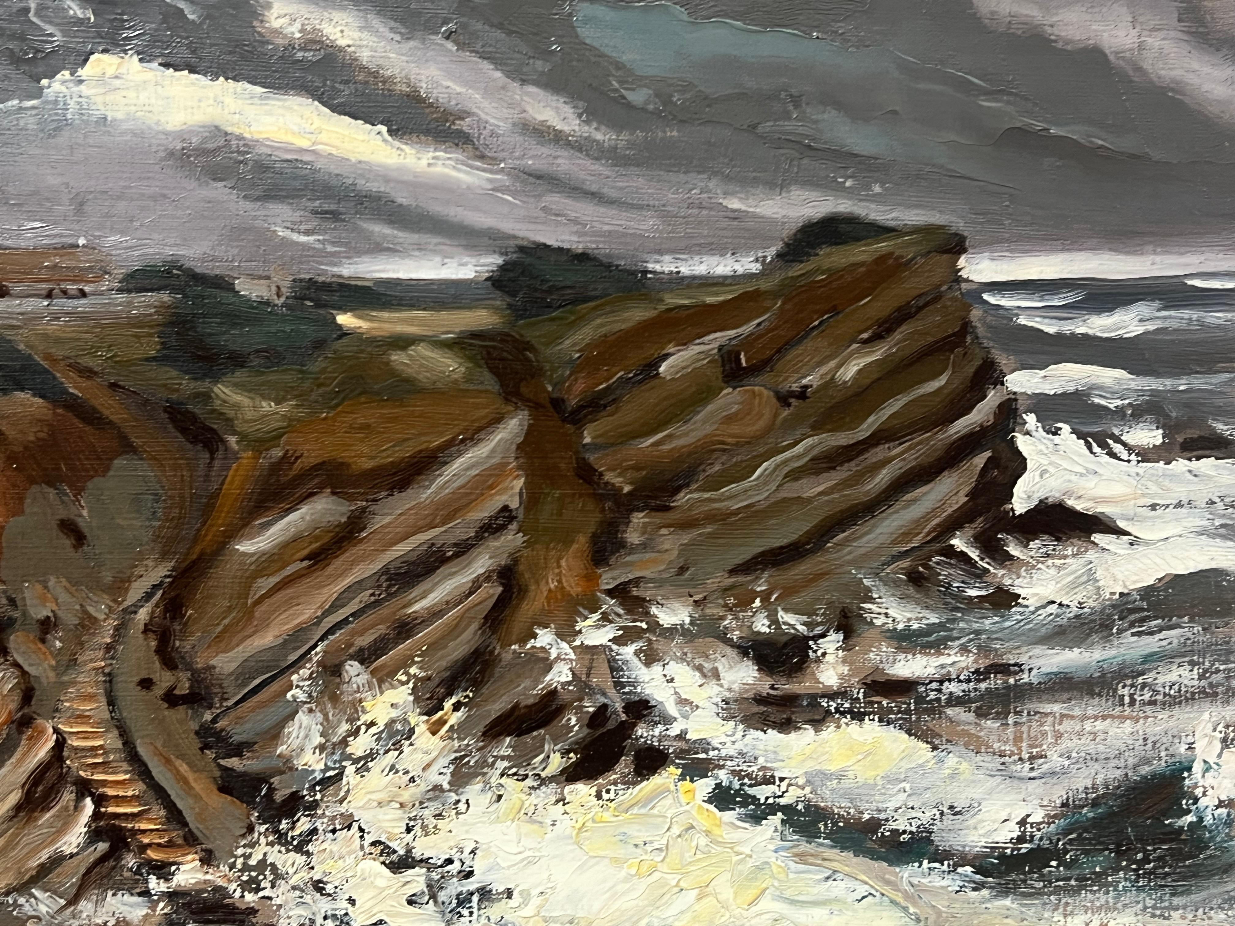Gran óleo impresionista francés de los años 70 Olas rompientes Costa del faro - Landscape Painting Negro de Georges Bordonove