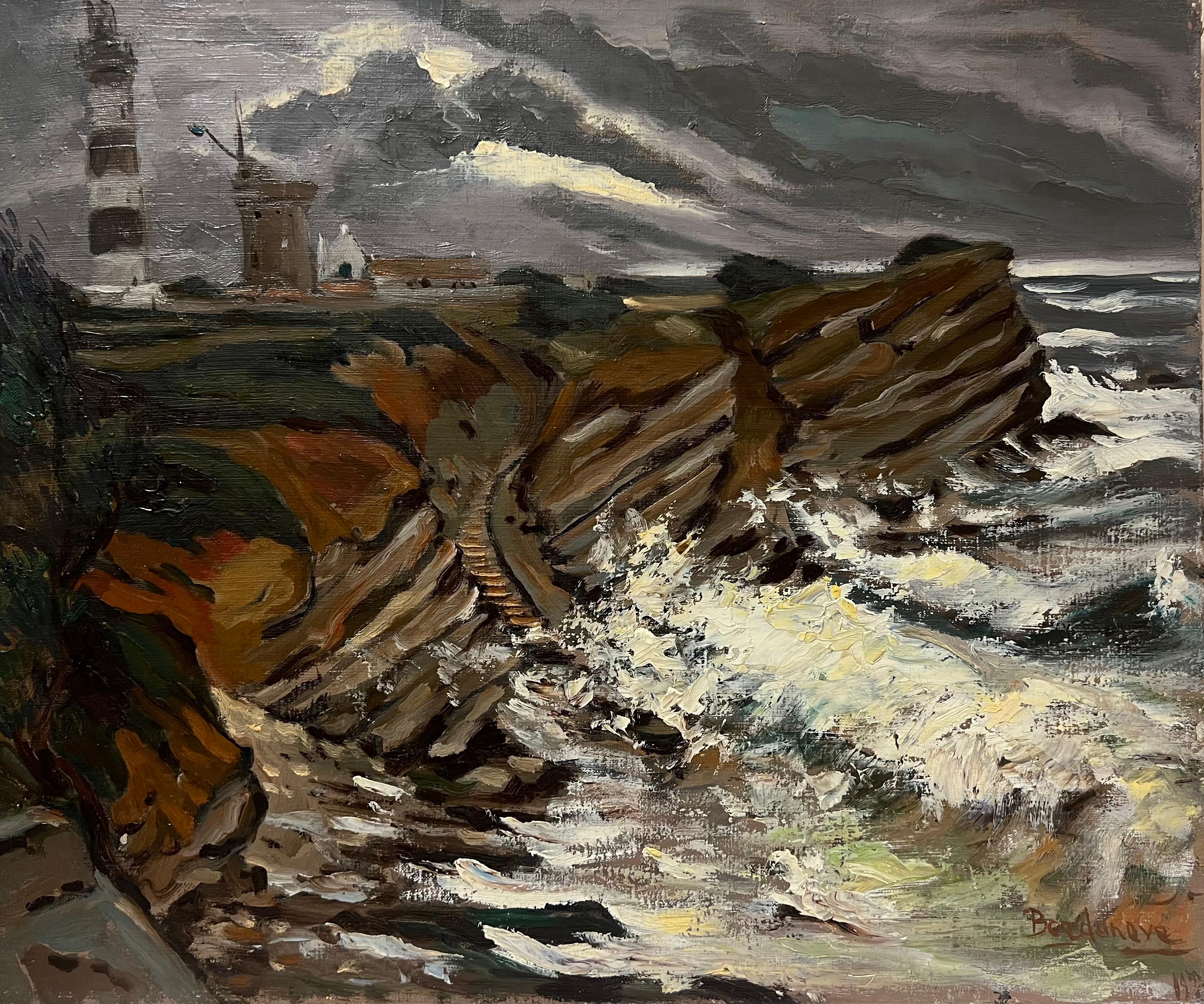 Landscape Painting de Georges Bordonove - Gran óleo impresionista francés de los años 70 Olas rompientes Costa del faro