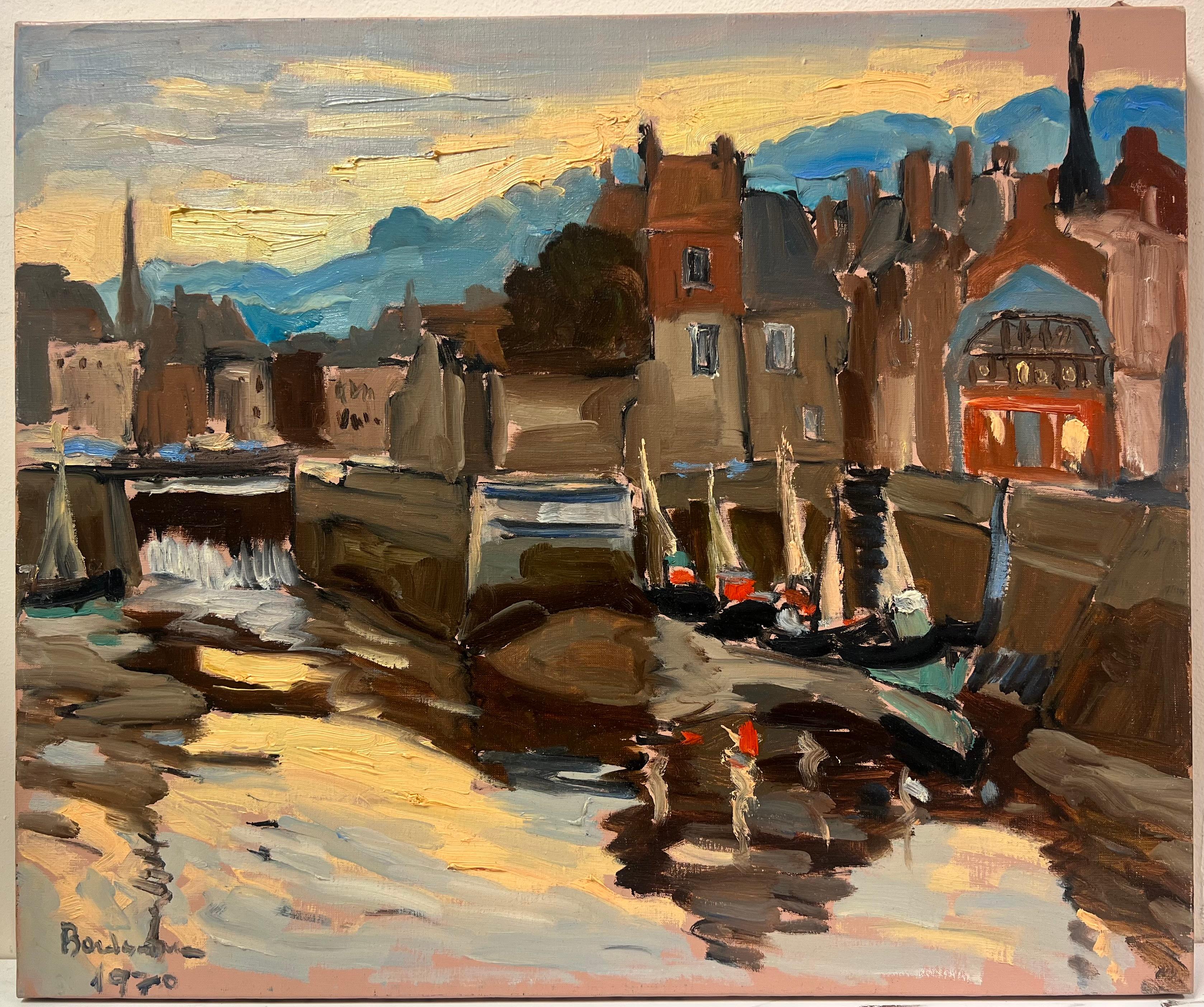 Large French 1970's Oil Painting Honfleur Harbour at Sunset with Boats - Brown Landscape Painting by Georges Bordonove