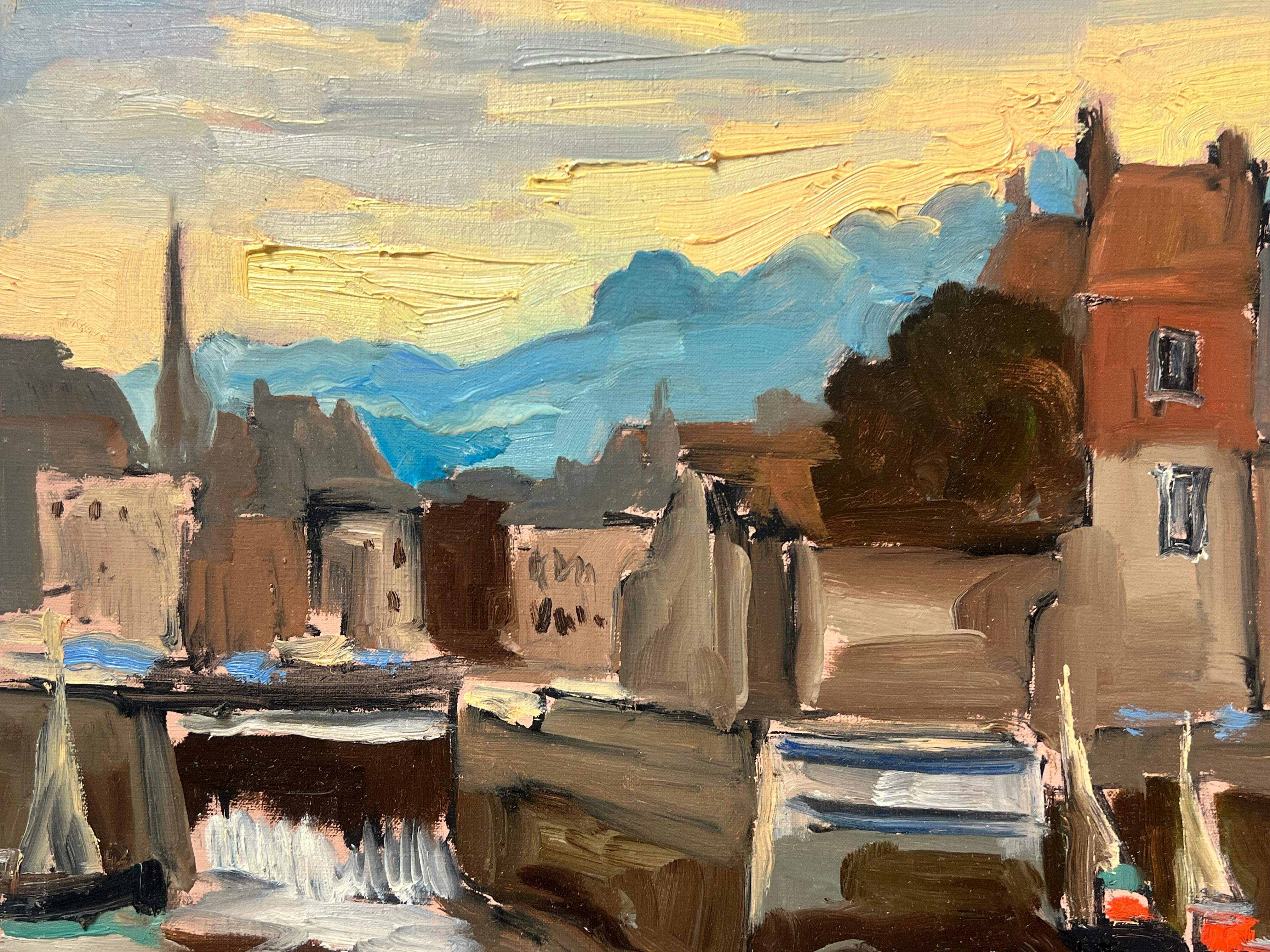 Large French 1970's Oil Painting Honfleur Harbour at Sunset with Boats For Sale 1