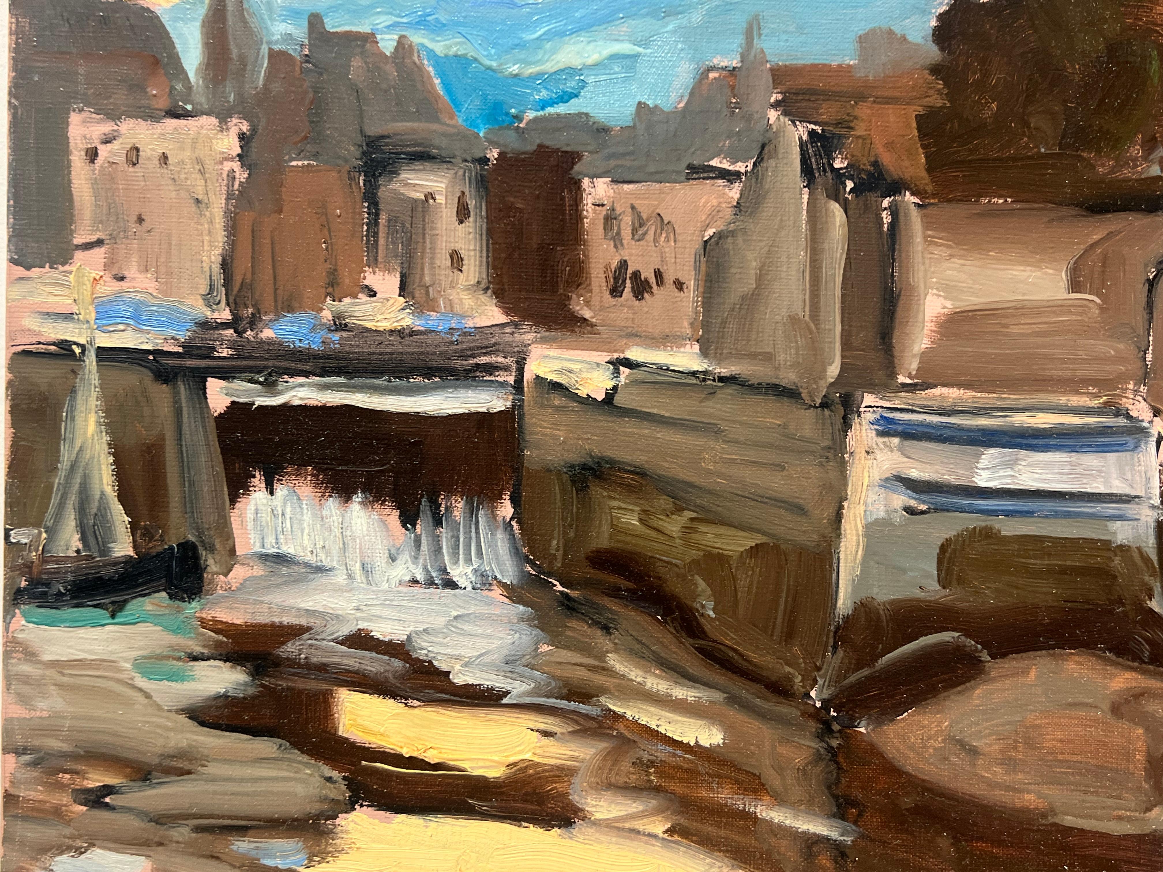 Large French 1970's Oil Painting Honfleur Harbour at Sunset with Boats For Sale 2