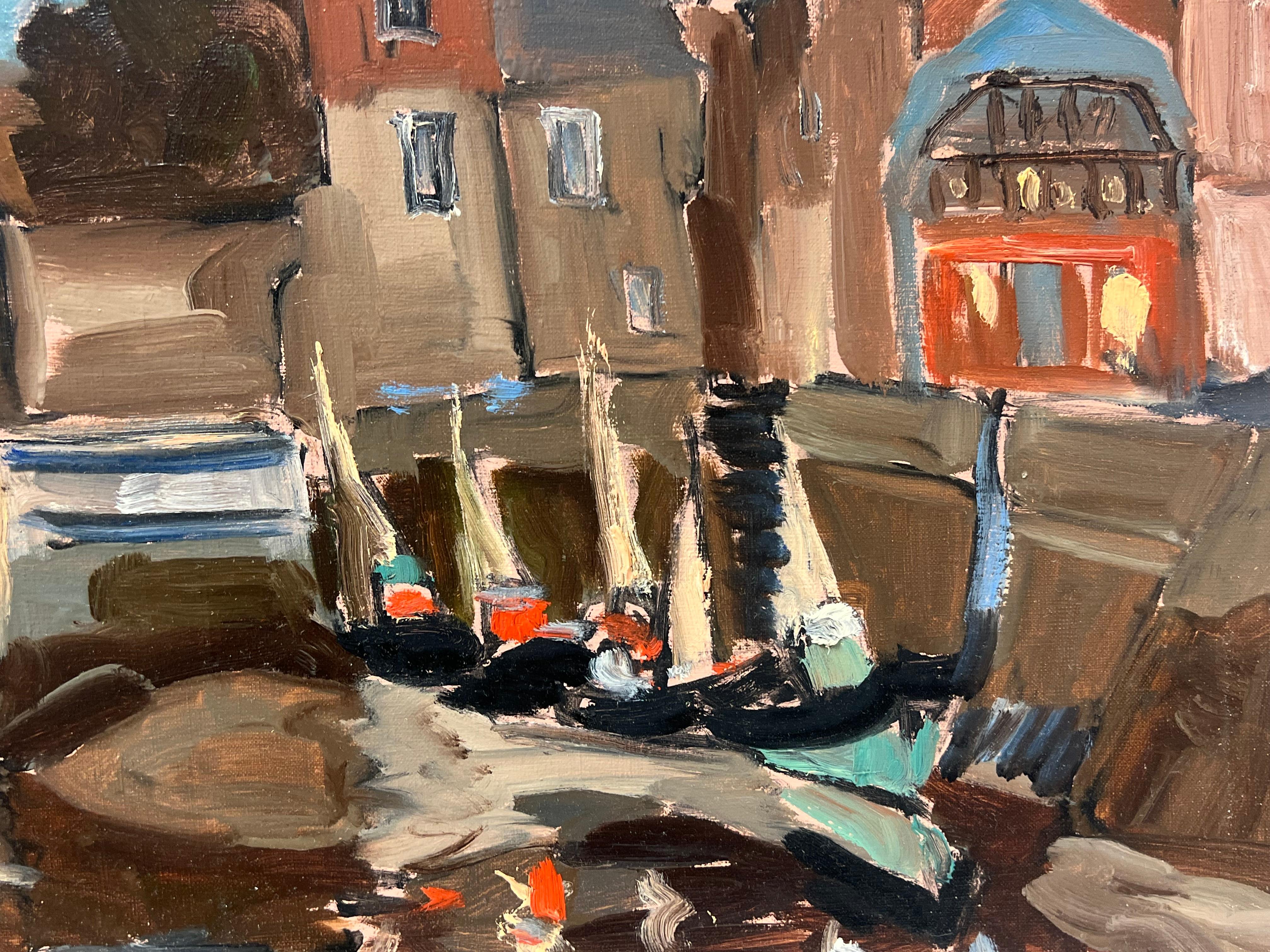 Large French 1970's Oil Painting Honfleur Harbour at Sunset with Boats For Sale 3
