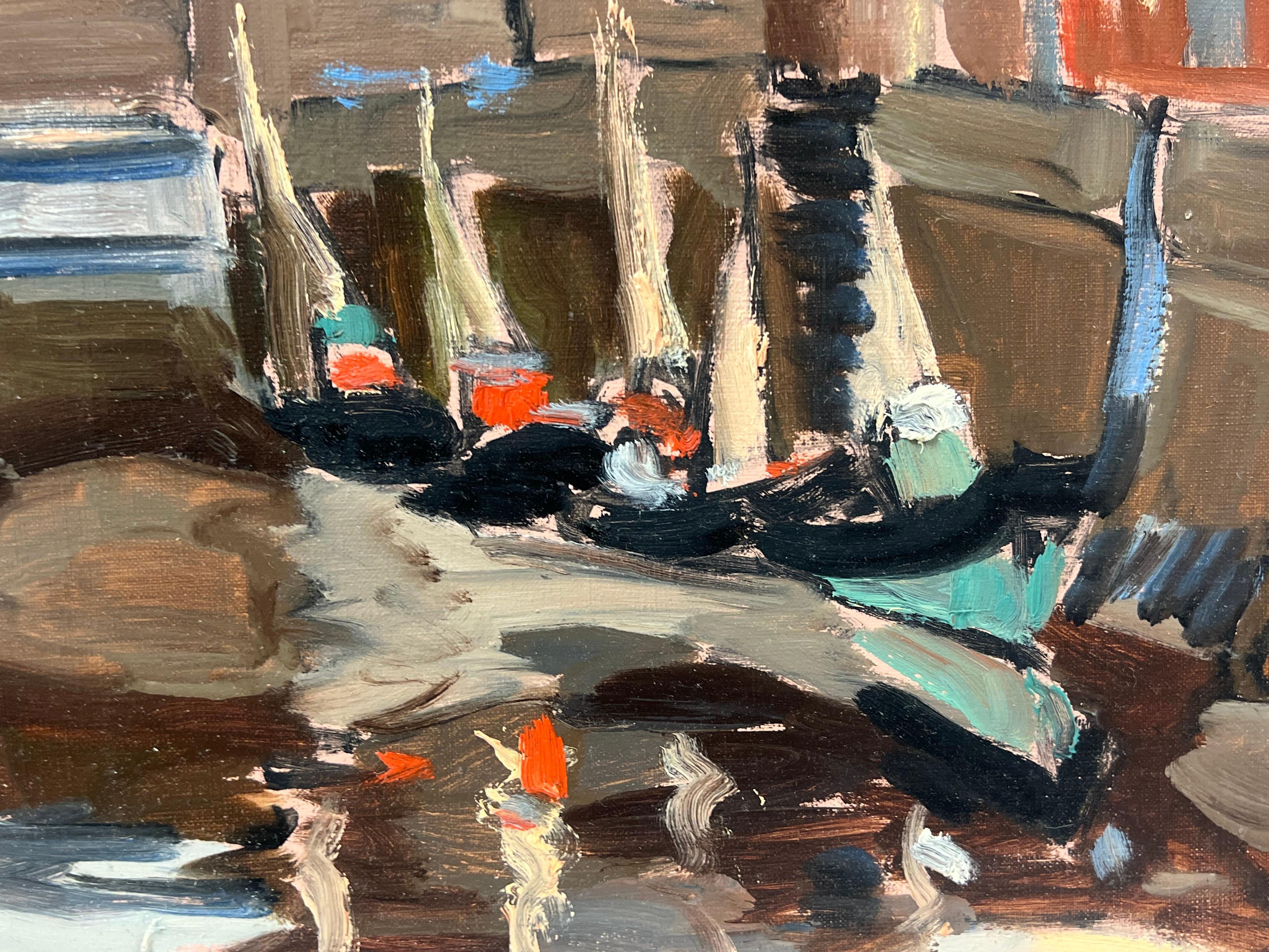 Large French 1970's Oil Painting Honfleur Harbour at Sunset with Boats For Sale 4