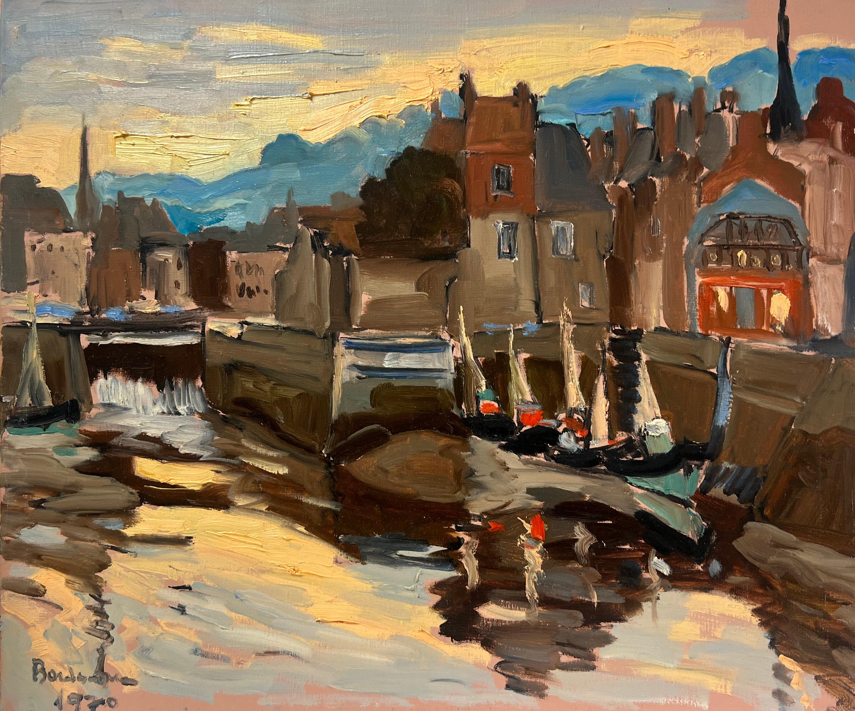 Georges Bordonove Landscape Painting - Large French 1970's Oil Painting Honfleur Harbour at Sunset with Boats
