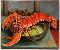 Large French 1970's Oil Painting Red Lobster on the Table