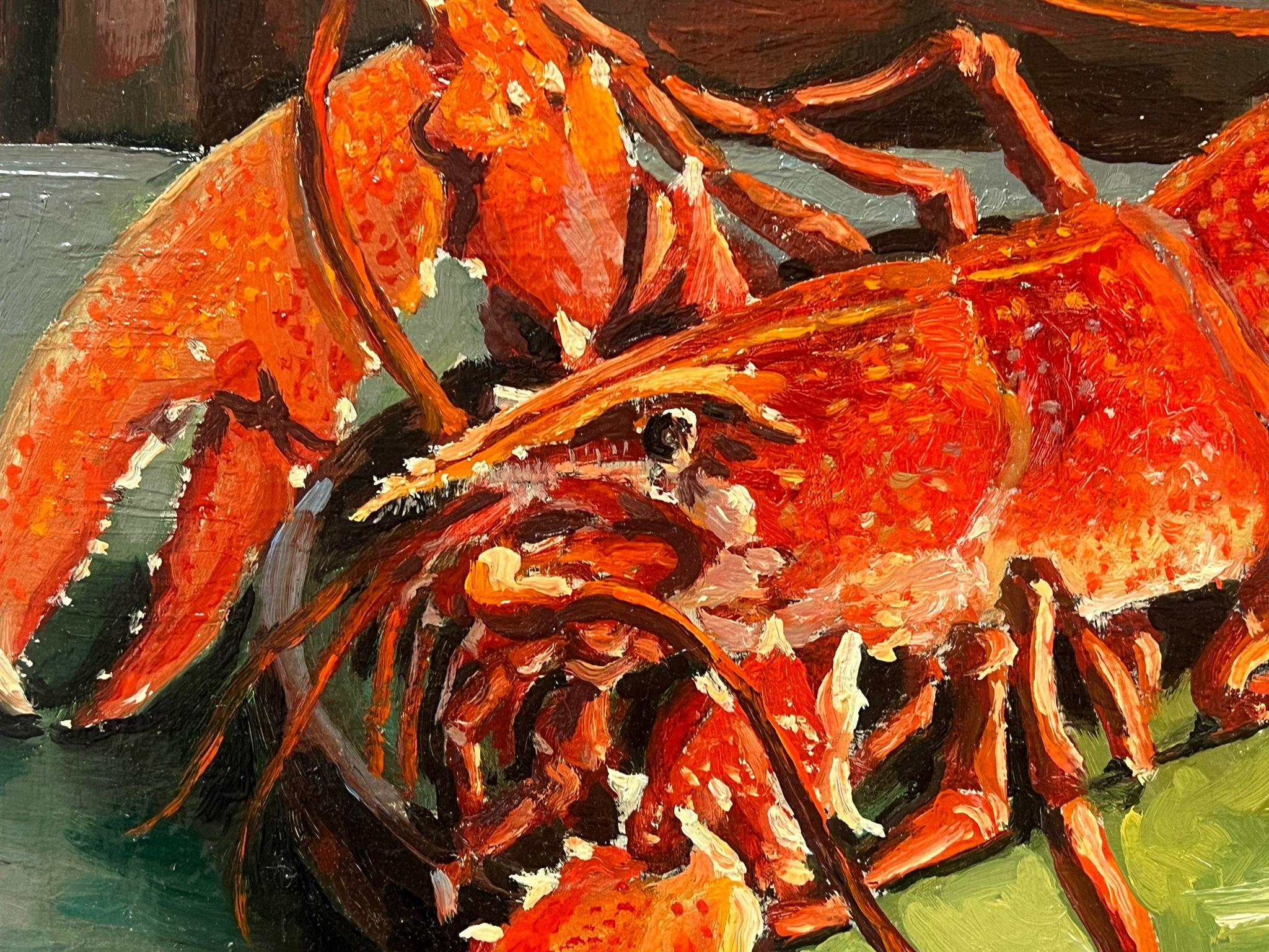 Gran óleo francés de los años 70 Langosta roja sobre la mesa en venta 1