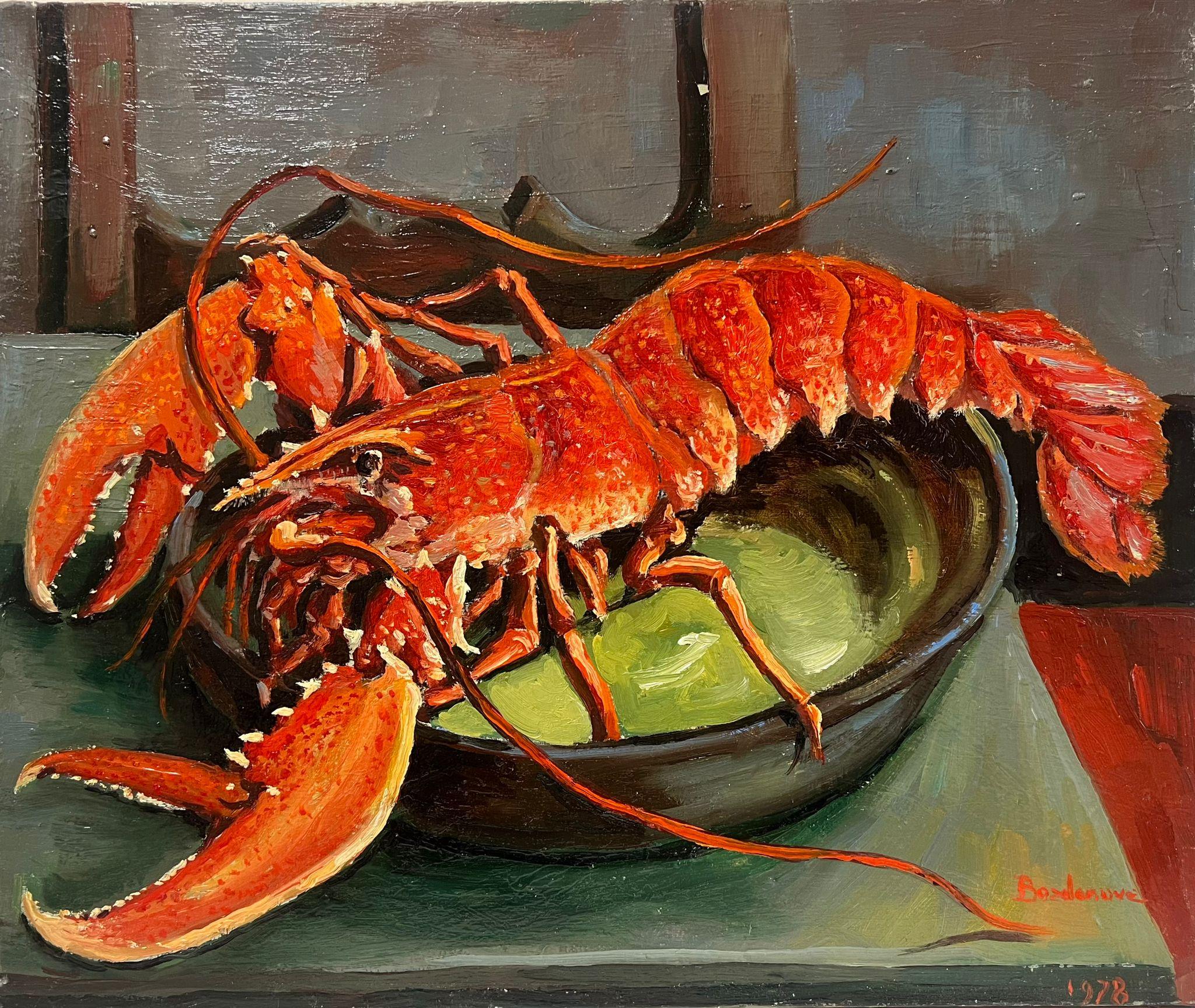 Still-Life Painting de Georges Bordonove - Gran óleo francés de los años 70 Langosta roja sobre la mesa