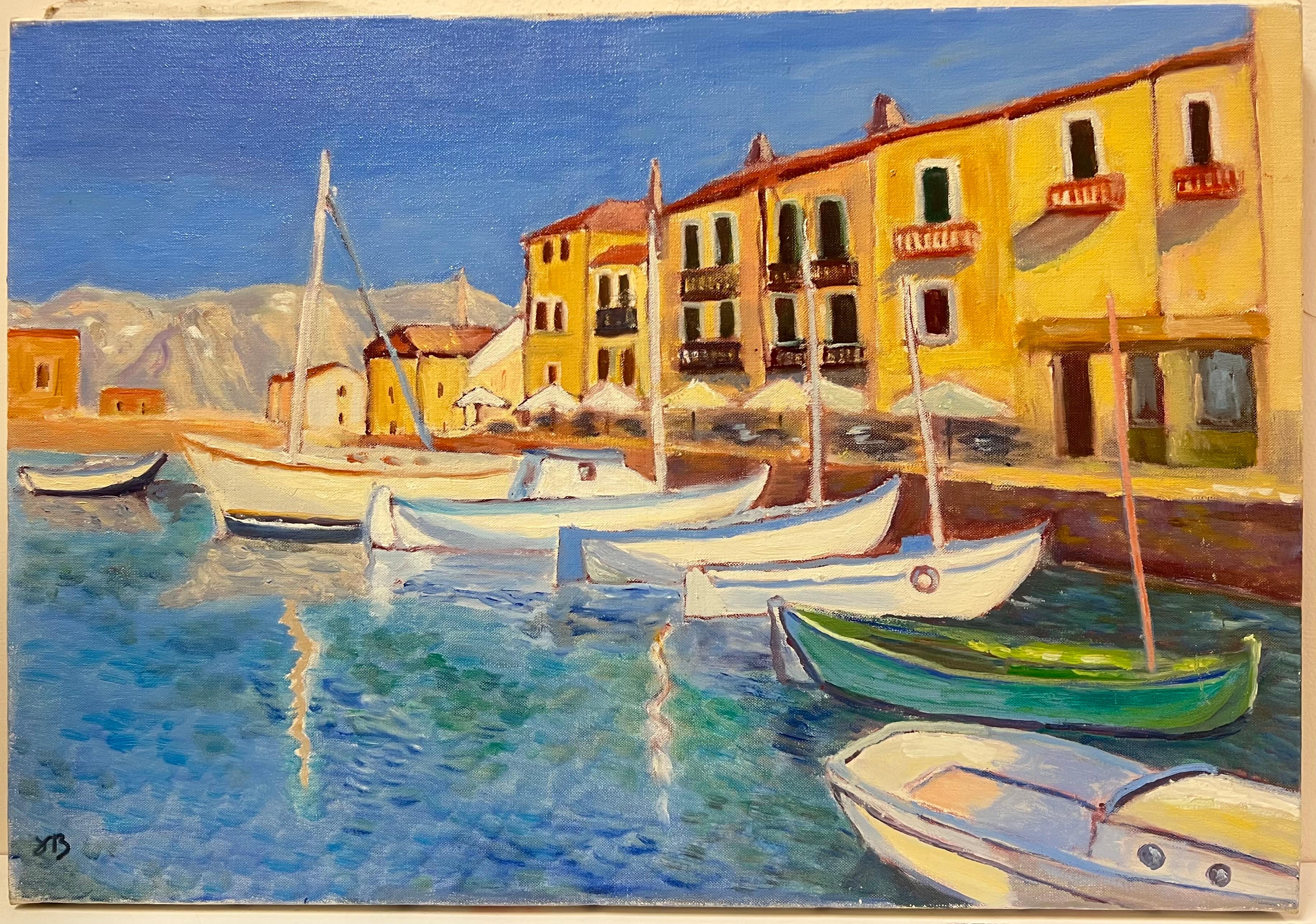 Großes französisches Ölgemälde des 20. Jahrhunderts, Fischerboote und Hafenport im Mittelmeerraum – Painting von Georges Bordonove