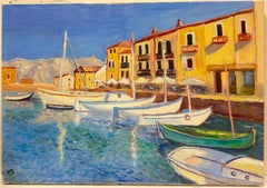 Large French 20thC Oil Painting Fishing Boats Mediterranean Harbor Port