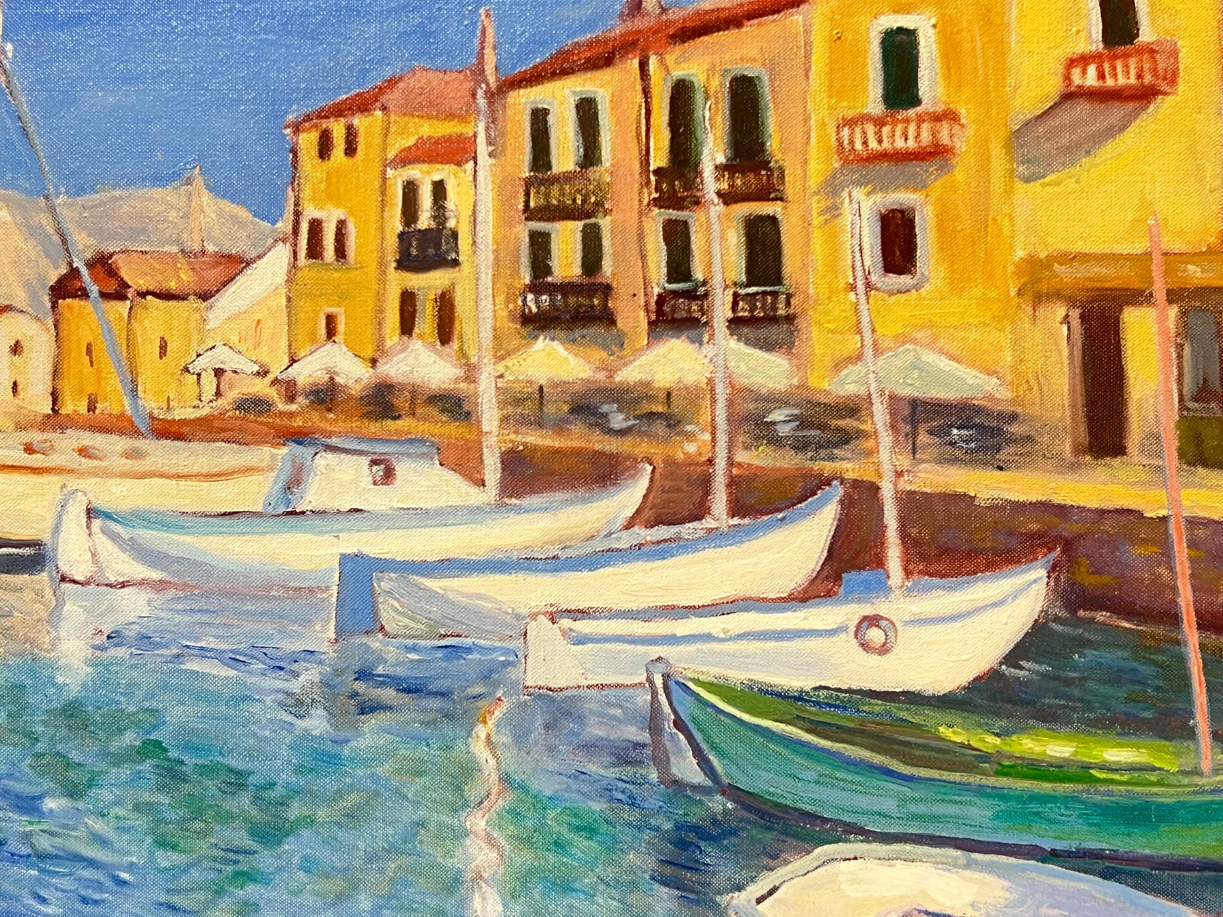 Großes französisches Ölgemälde des 20. Jahrhunderts, Fischerboote und Hafenport im Mittelmeerraum (Impressionismus), Painting, von Georges Bordonove