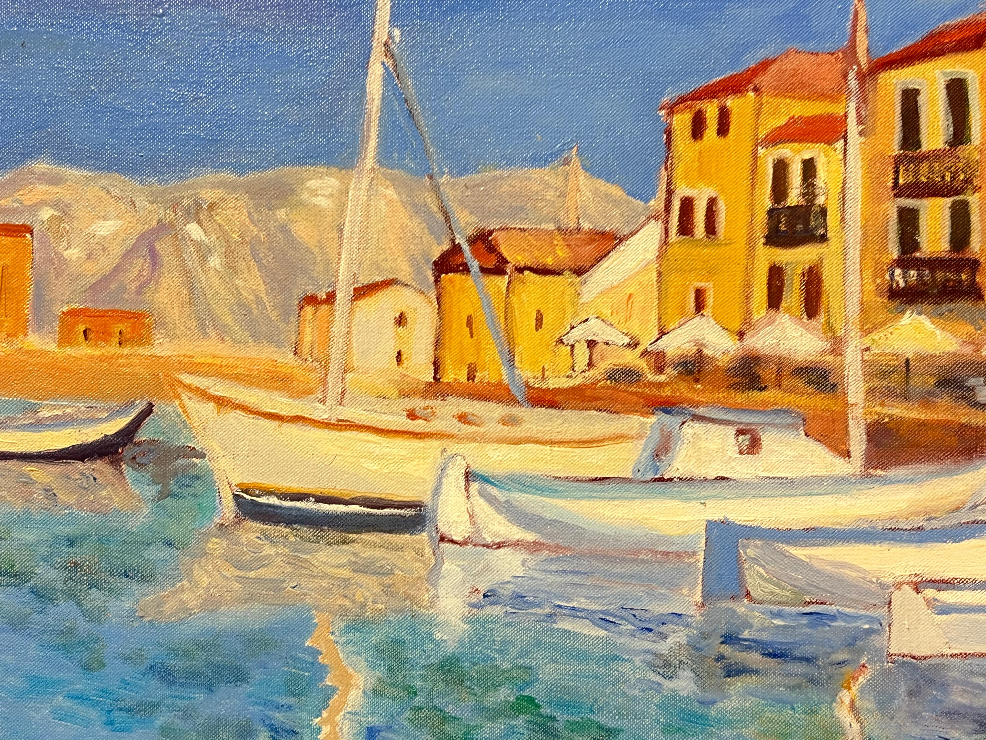 Großes französisches Ölgemälde des 20. Jahrhunderts, Fischerboote und Hafenport im Mittelmeerraum (Grau), Landscape Painting, von Georges Bordonove