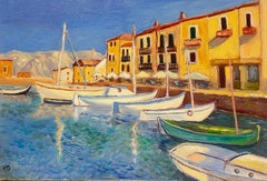 Large French 20thC Oil Painting Fishing Boats Mediterranean Harbor Port