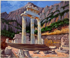 Large French Contemporary Oil Painting Ancient Greek Roman Temple Column Ruins