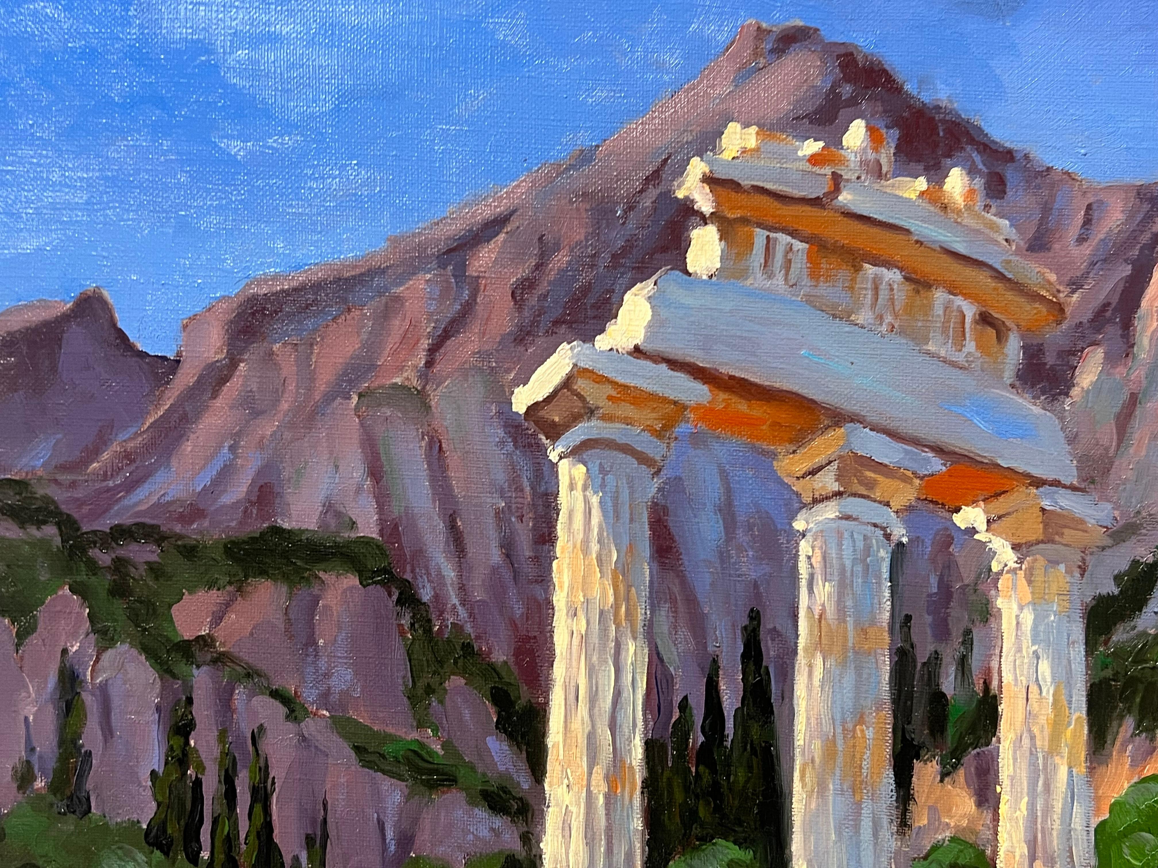 Gran óleo contemporáneo francés Antiguas ruinas de columnas de templos greco-romanos - Landscape Painting Gris de Georges Bordonove