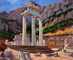 Large French Contemporary Oil Painting Ancient Greek Roman Temple Column Ruins