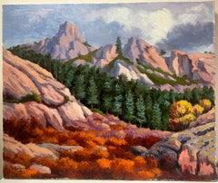 Large French Contemporary Oil Painting Mountain Rocky Forest Landscape