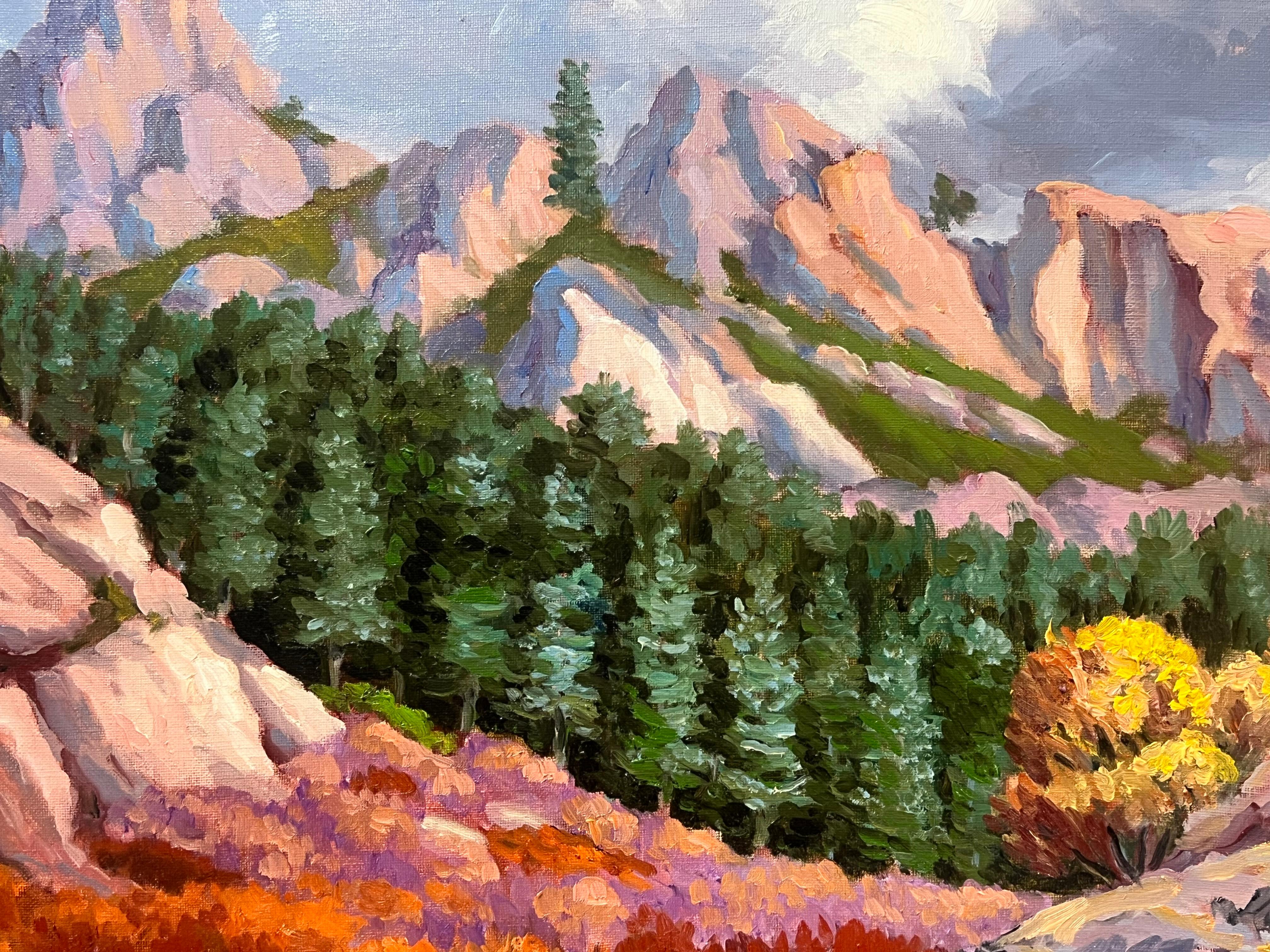 Grande quadro a olio contemporaneo francese Mountain Rocky Forest Landscape - Painting Impressionismo di Georges Bordonove