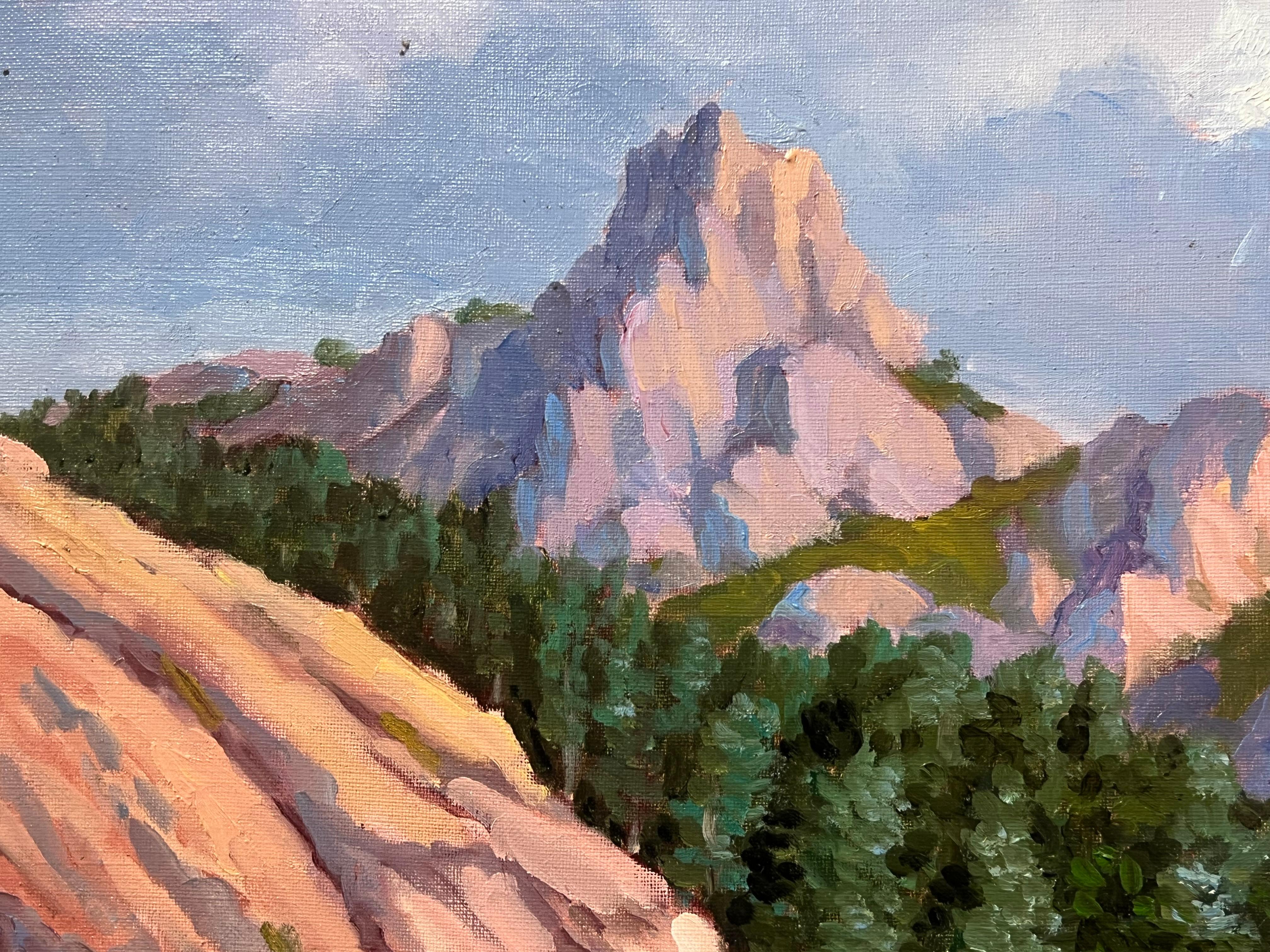 Grande quadro a olio contemporaneo francese Mountain Rocky Forest Landscape - Landscape Painting Marrone di Georges Bordonove