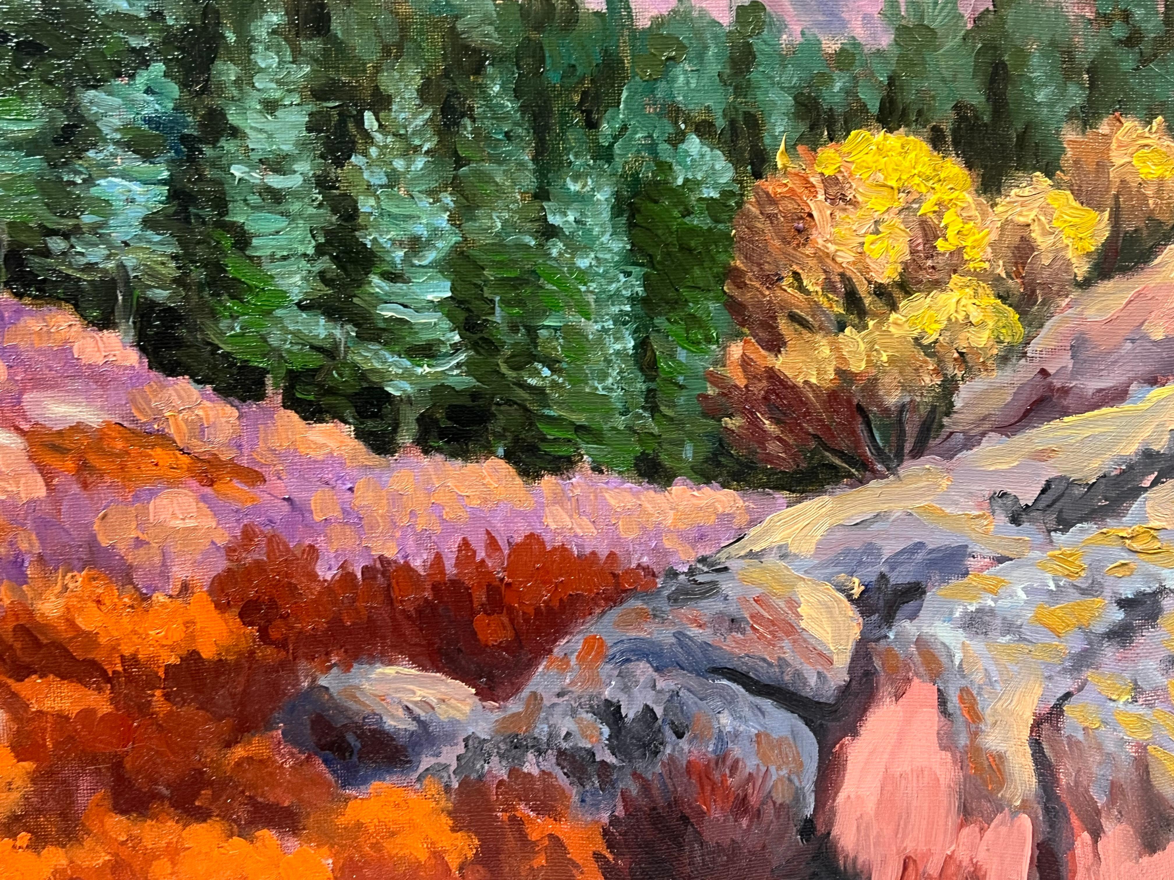 Grande quadro a olio contemporaneo francese Mountain Rocky Forest Landscape in vendita 3