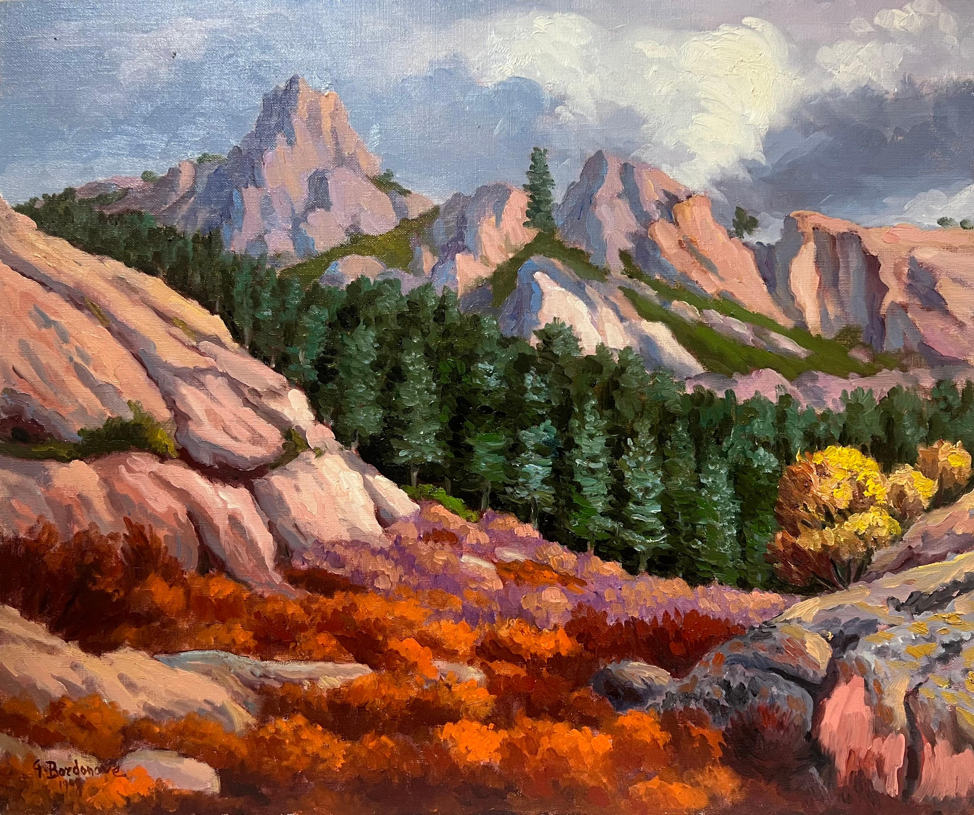 Landscape Painting di Georges Bordonove - Grande quadro a olio contemporaneo francese Mountain Rocky Forest Landscape