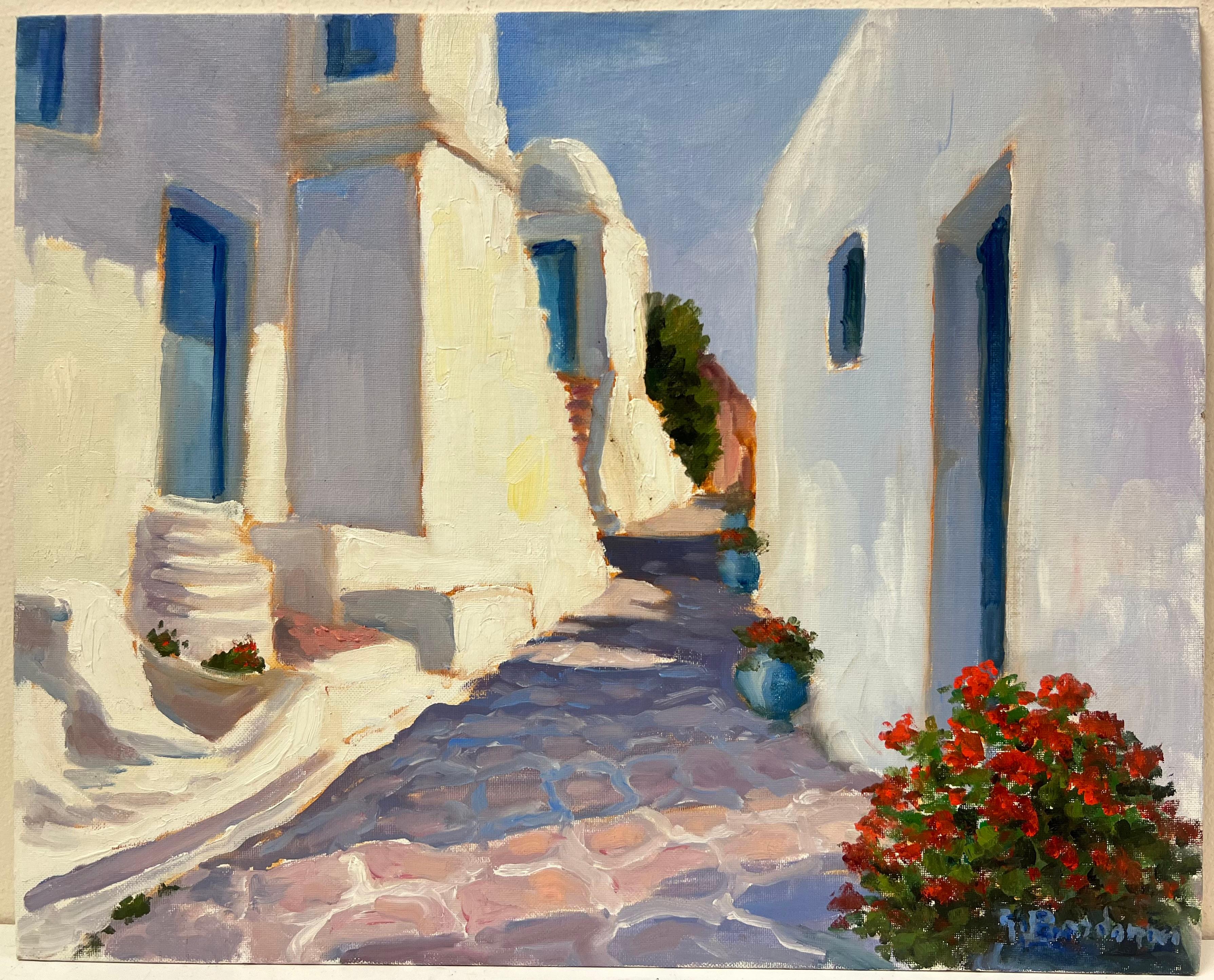 Large French Contemporary Oil Painting Old Greek White Washed Houses Village - Brown Landscape Painting by Georges Bordonove