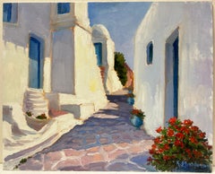 Grande quadro a olio contemporaneo francese Old Greek White Washed Houses Village