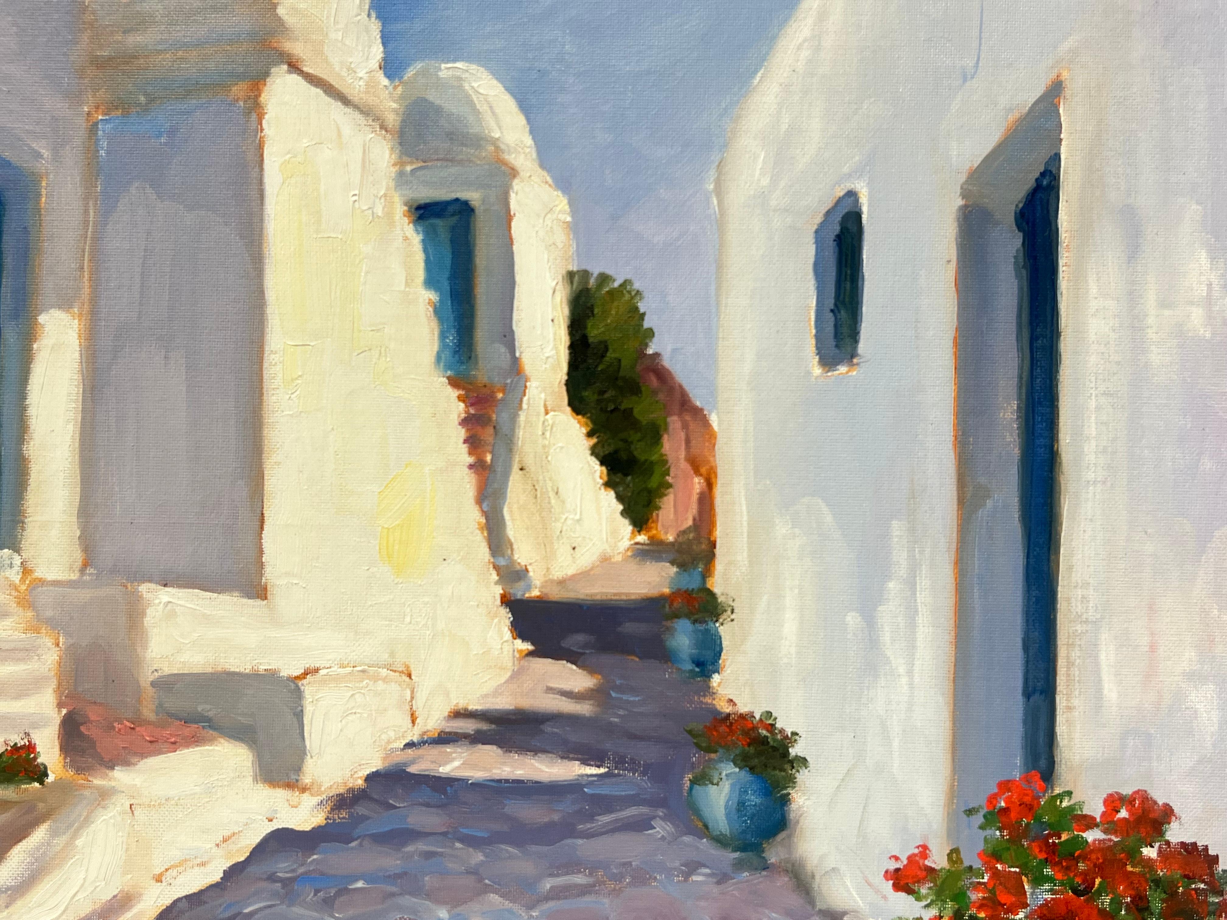 Large French Contemporary Oil Painting Old Greek White Washed Houses Village For Sale 1