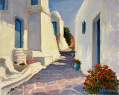 Large French Contemporary Oil Painting Old Greek White Washed Houses Village