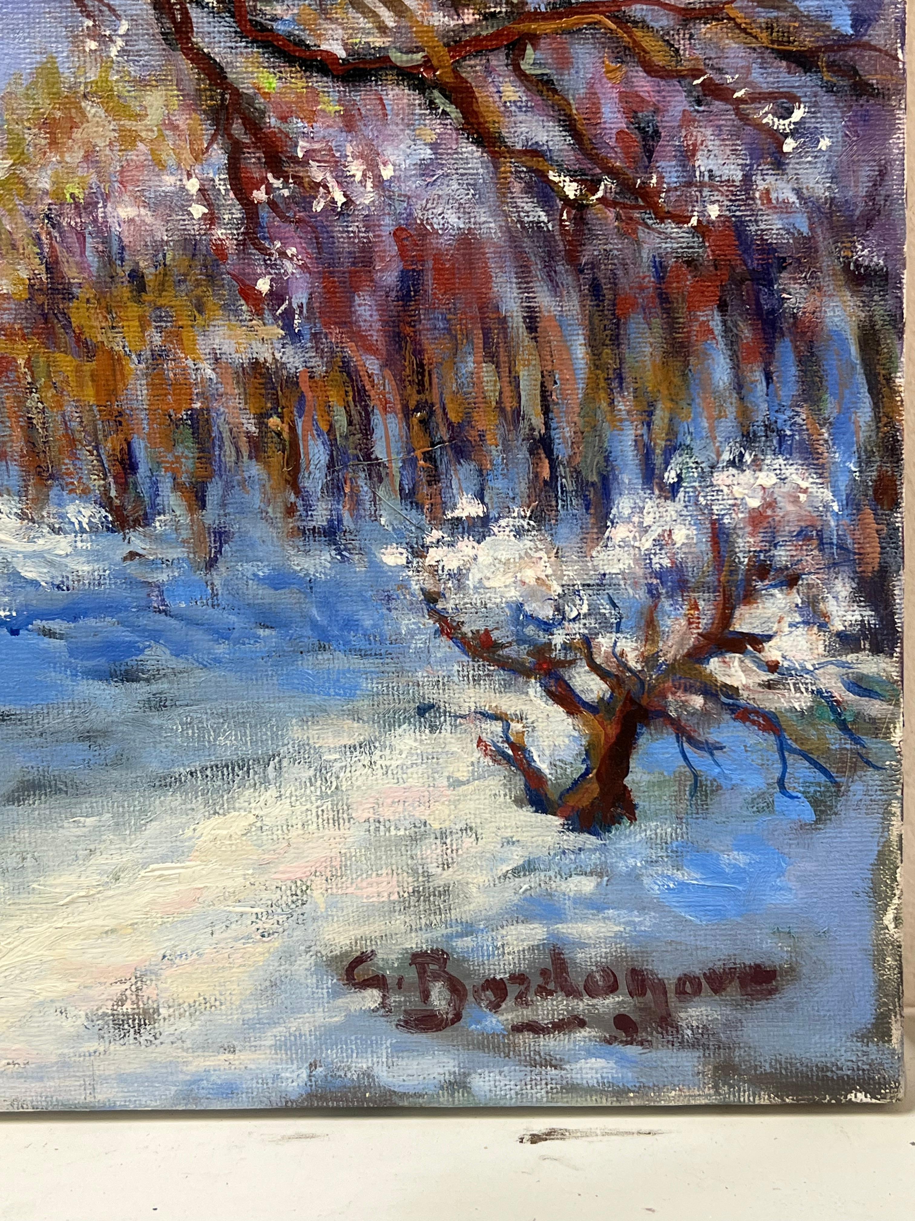 Gran cuadro al óleo postimpresionista francés Árbol antiguo Paisaje invernal nevado en venta 6