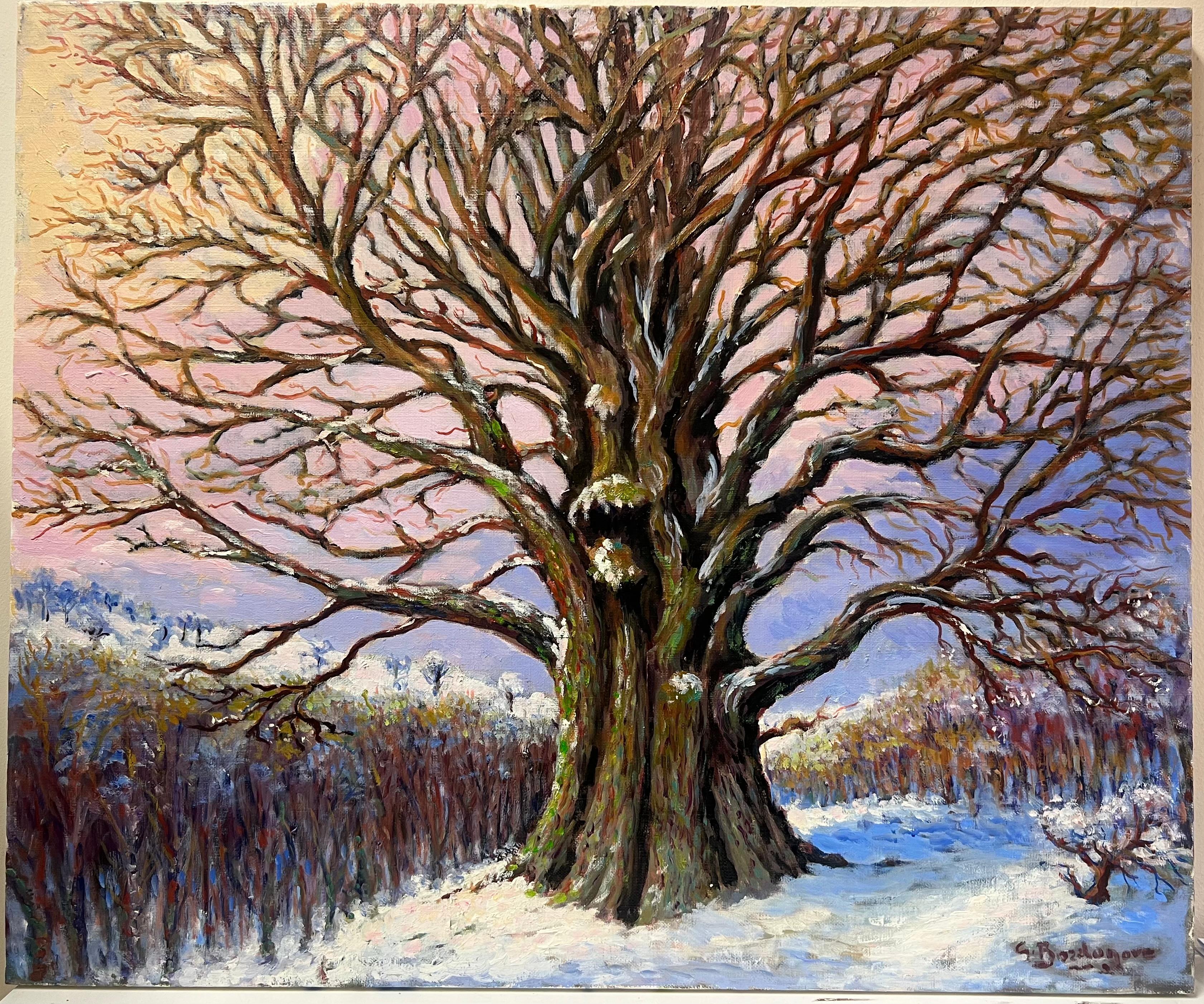 Gran cuadro al óleo postimpresionista francés Árbol antiguo Paisaje invernal nevado - Painting de Georges Bordonove