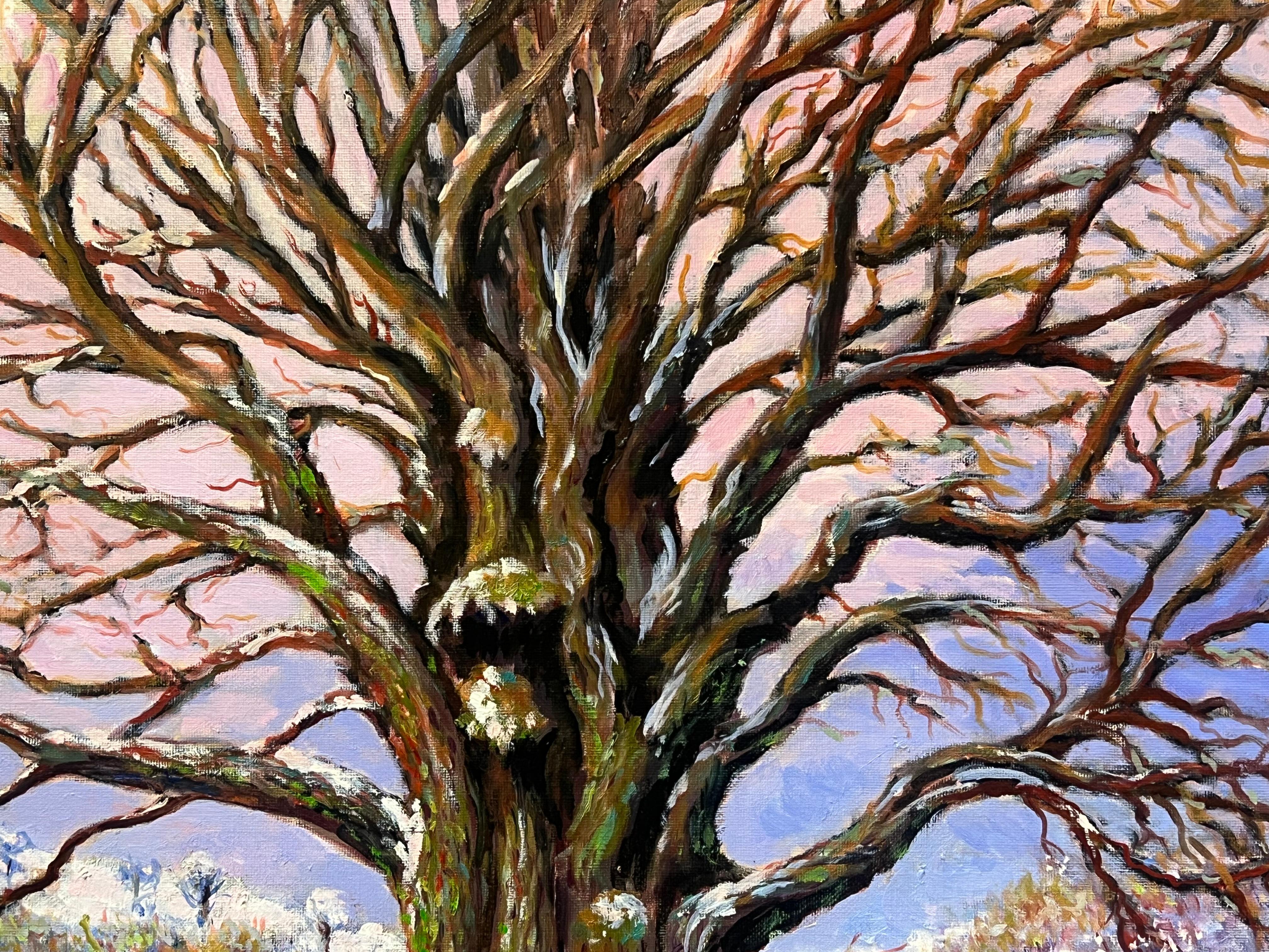 Gran cuadro al óleo postimpresionista francés Árbol antiguo Paisaje invernal nevado - Painting Impresionista de Georges Bordonove