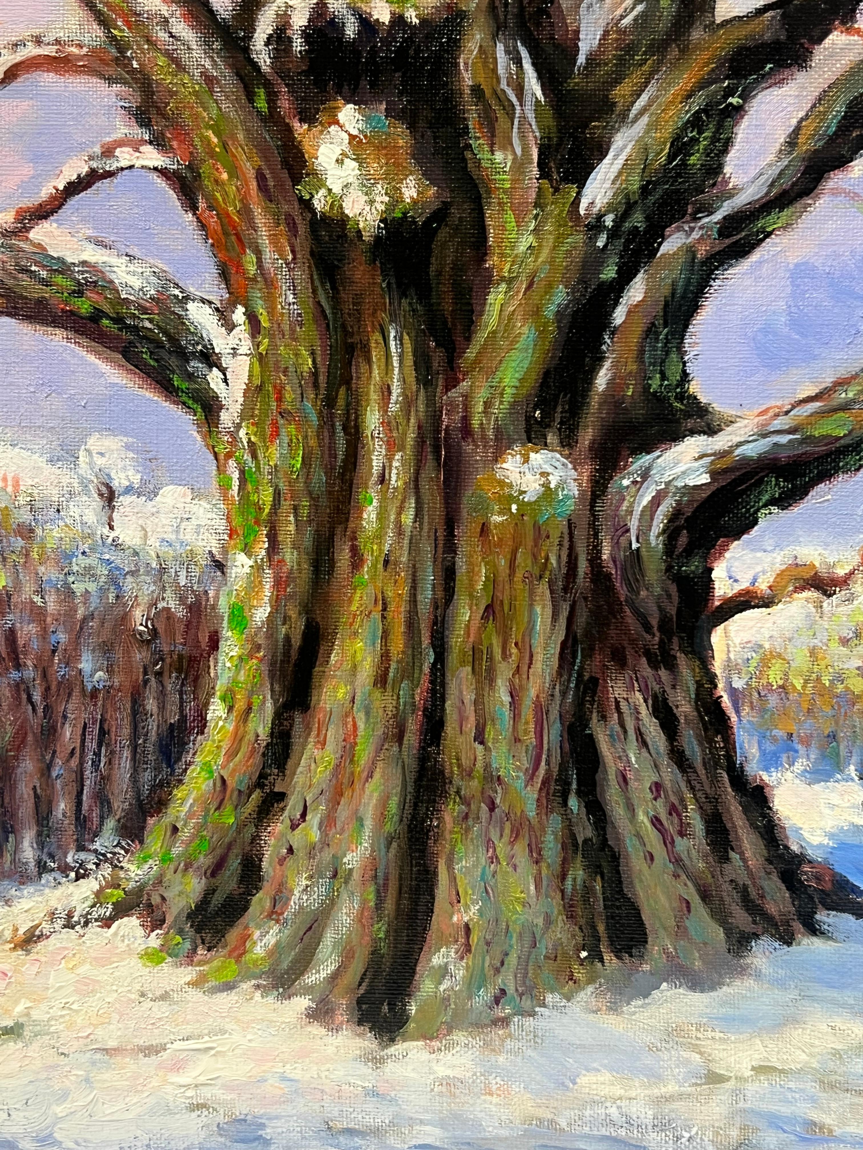 Gran cuadro al óleo postimpresionista francés Árbol antiguo Paisaje invernal nevado en venta 3