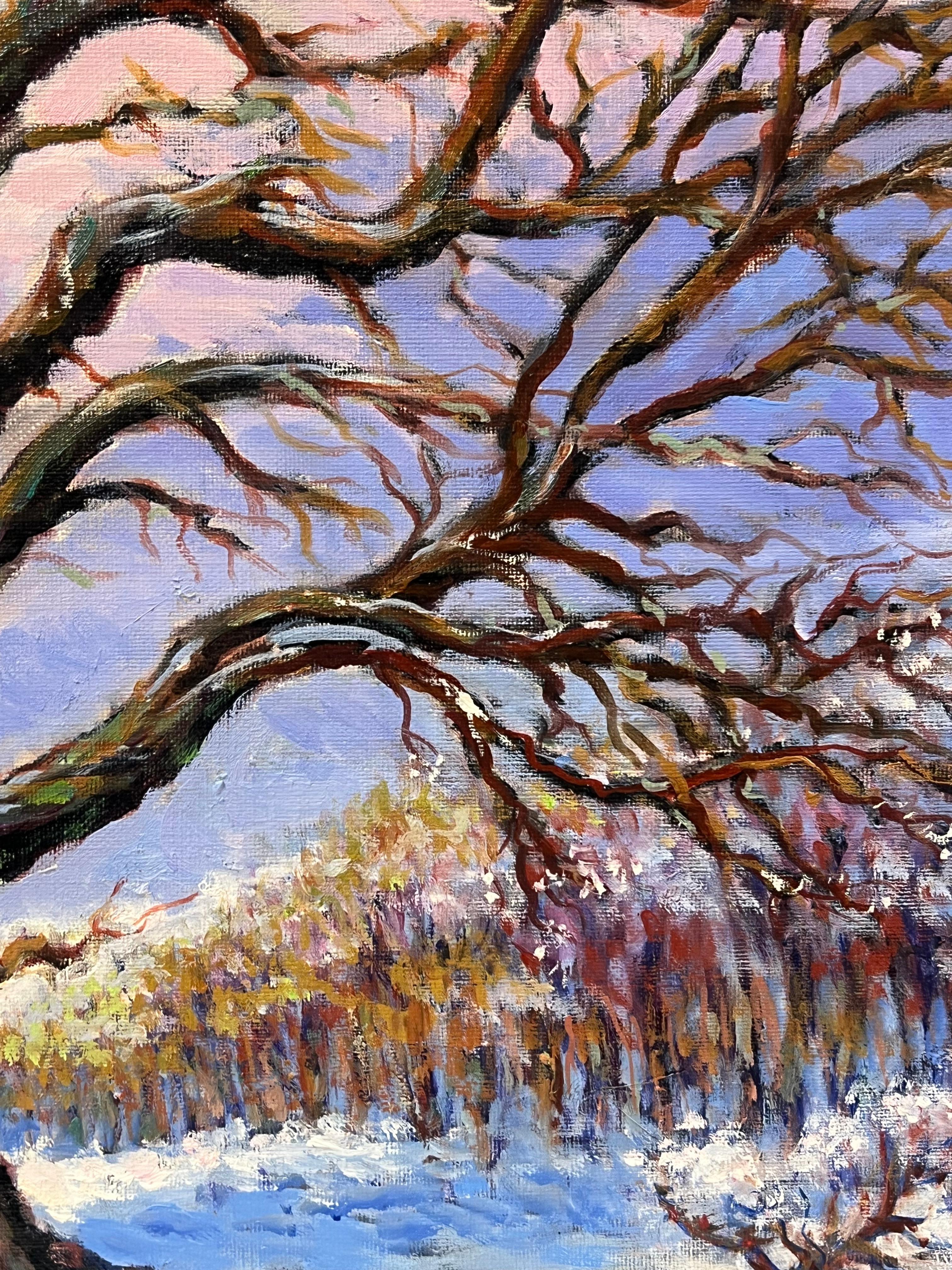 Gran cuadro al óleo postimpresionista francés Árbol antiguo Paisaje invernal nevado en venta 4
